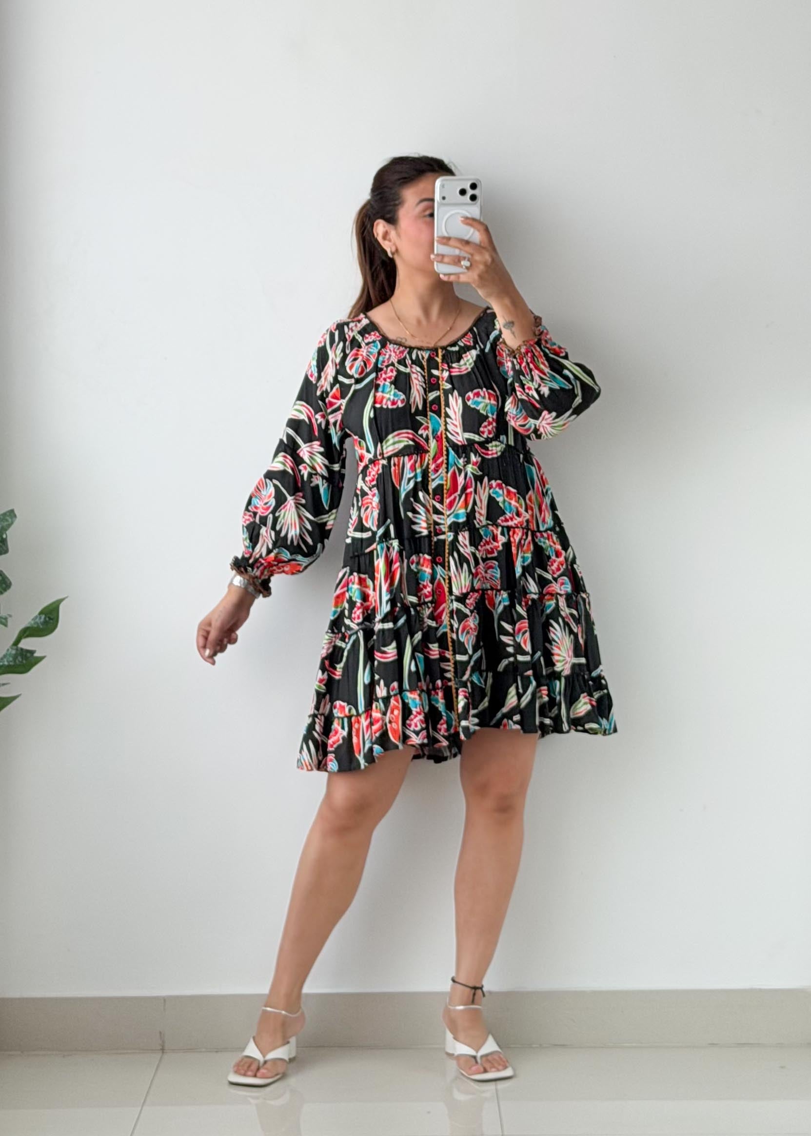Size S-M Black Tropical Print Tiered Mini Dress