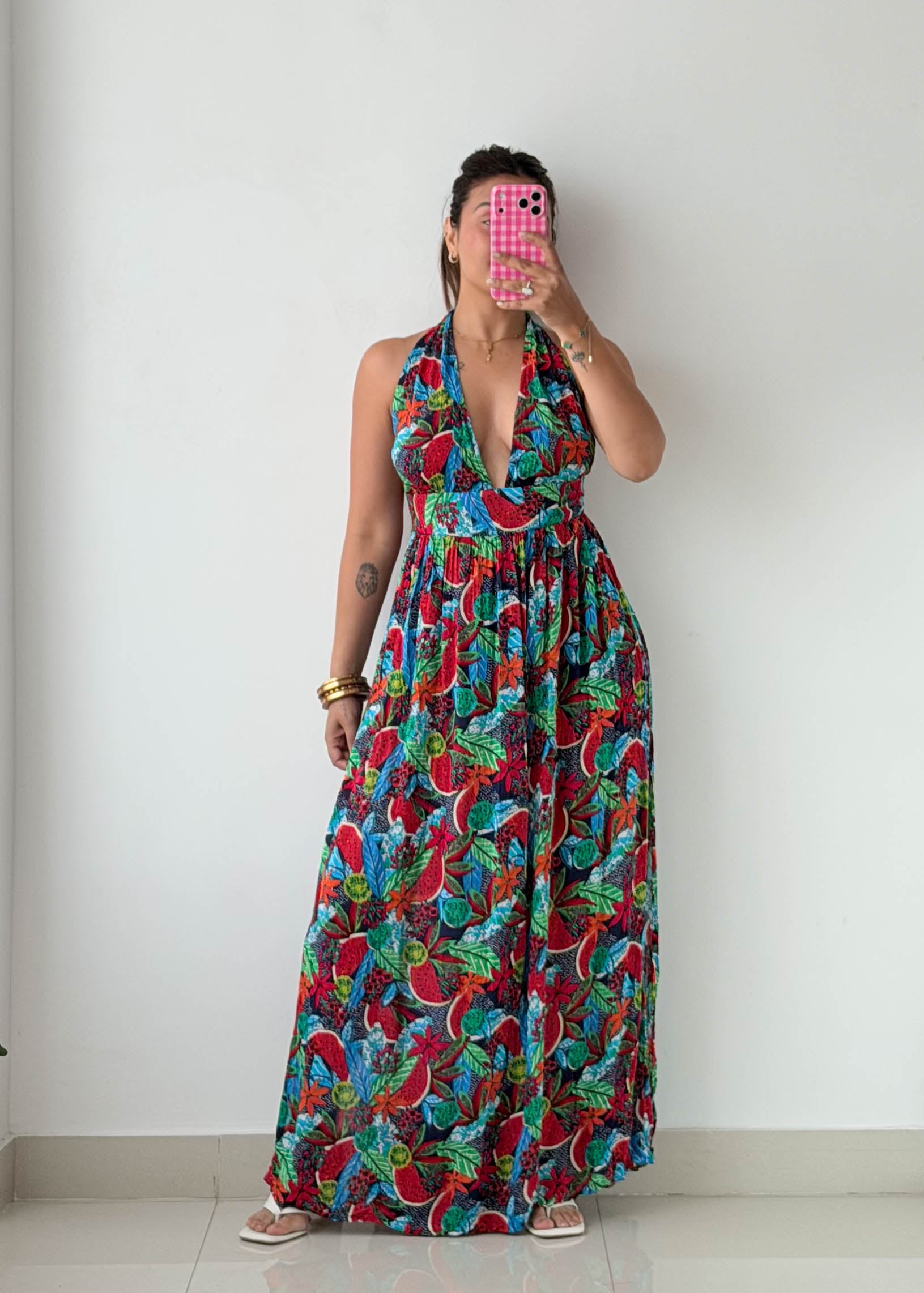 Size XS-M Multicolor Tropical Halter Maxi Dress