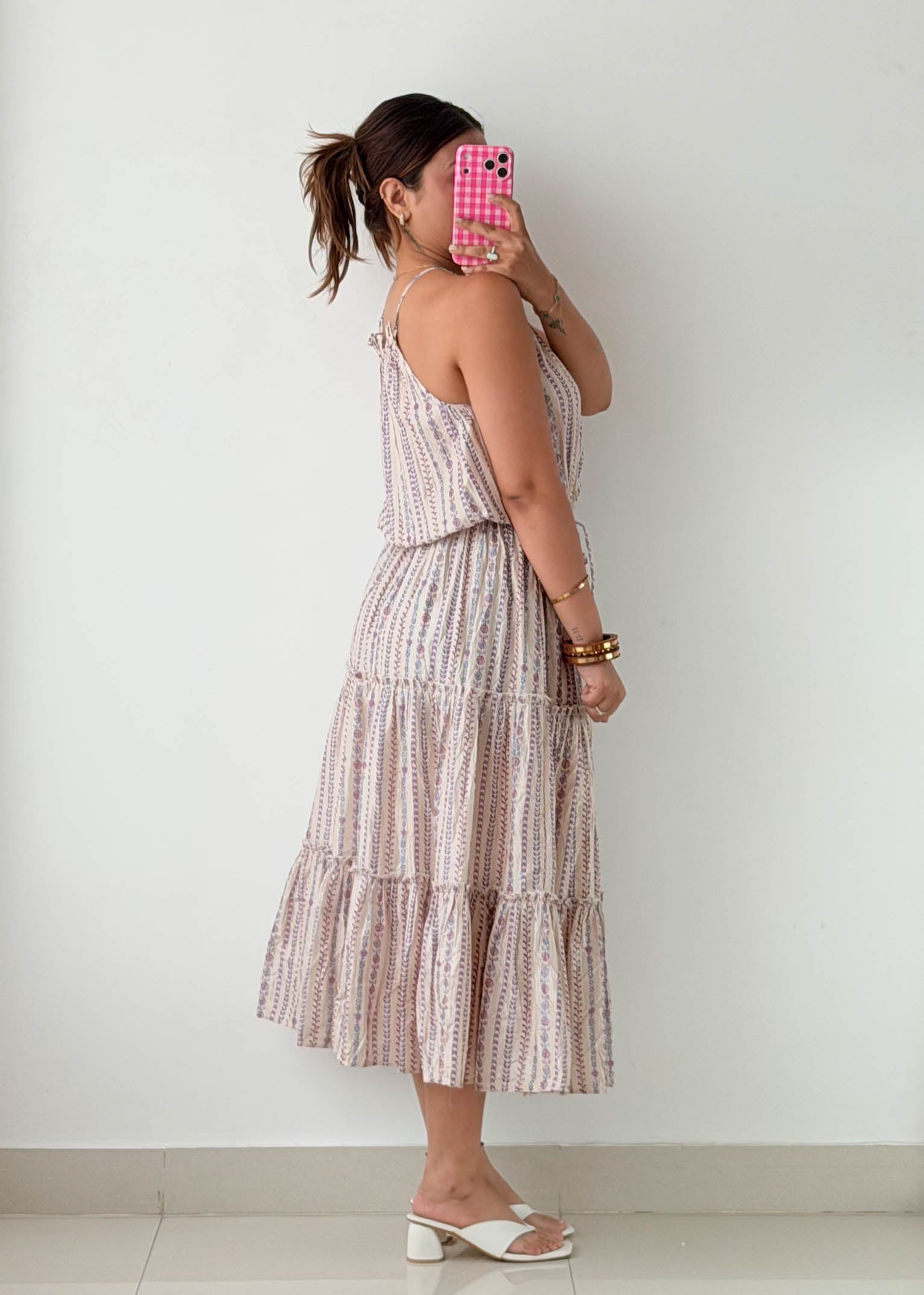 Size L-XL Beige Printed Halter Midi Dress