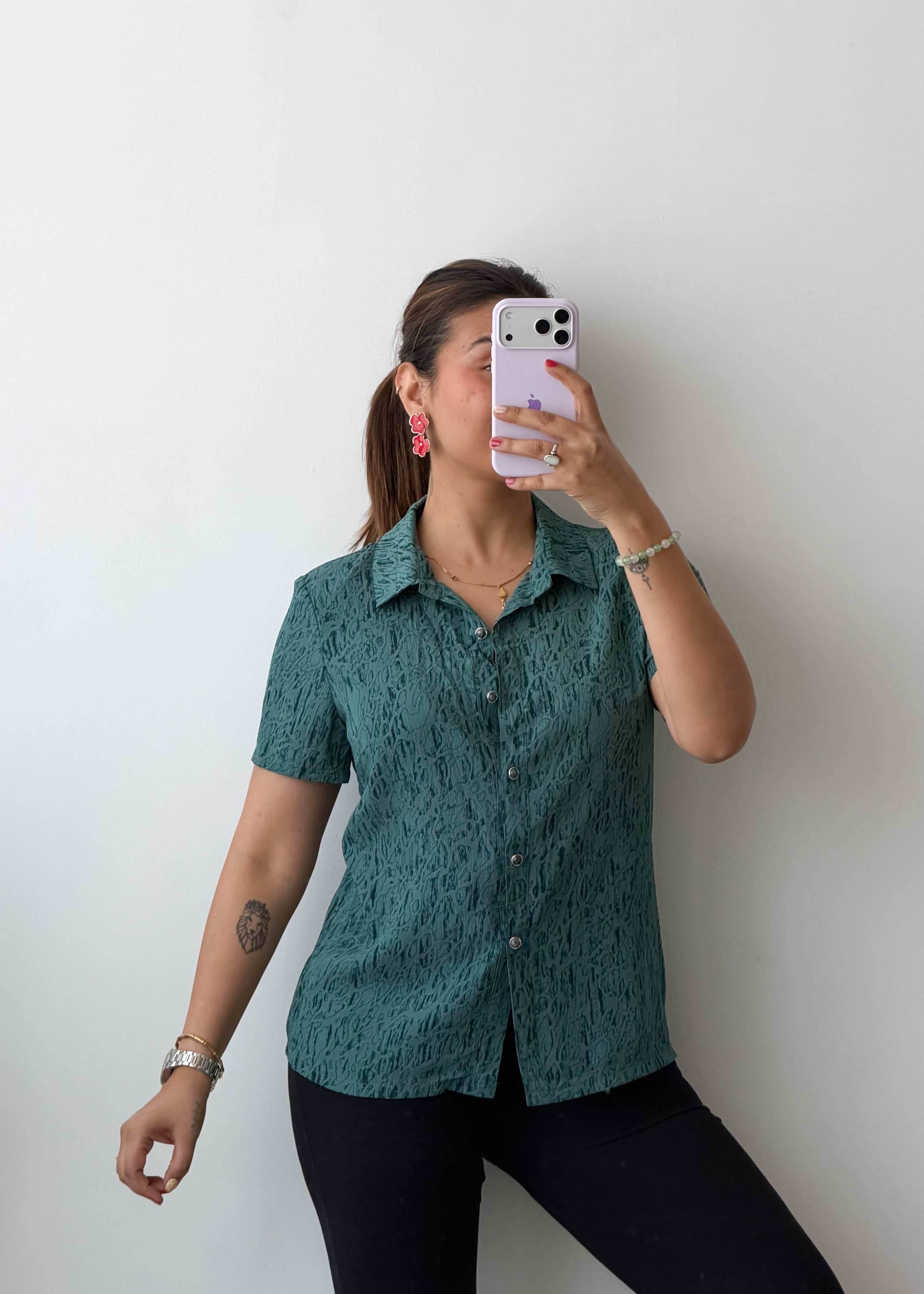 S-M Green Textured Viscose Crepe Shirt