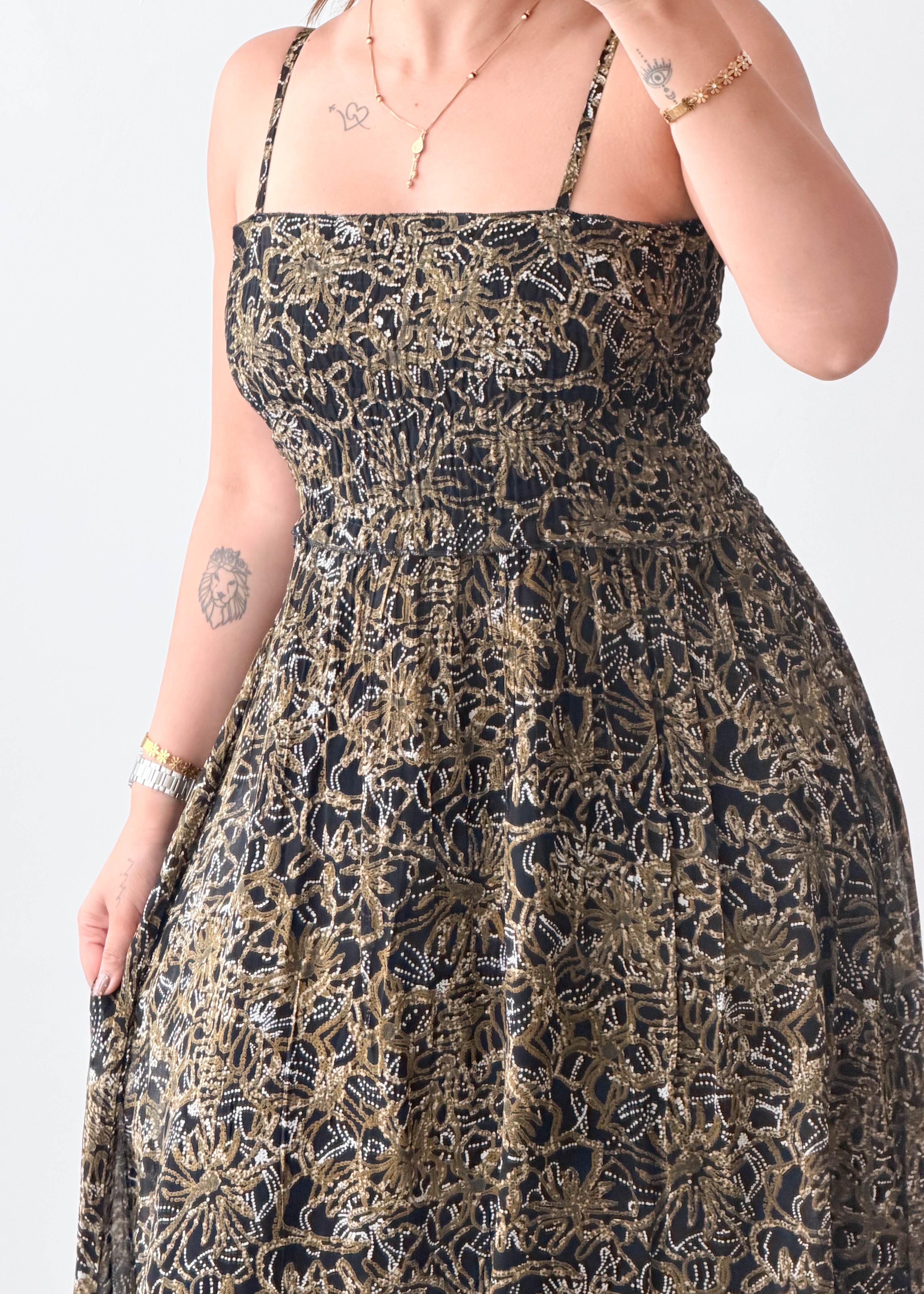 Size XS-S Black & Gold Printed Smocked Maxi Dress