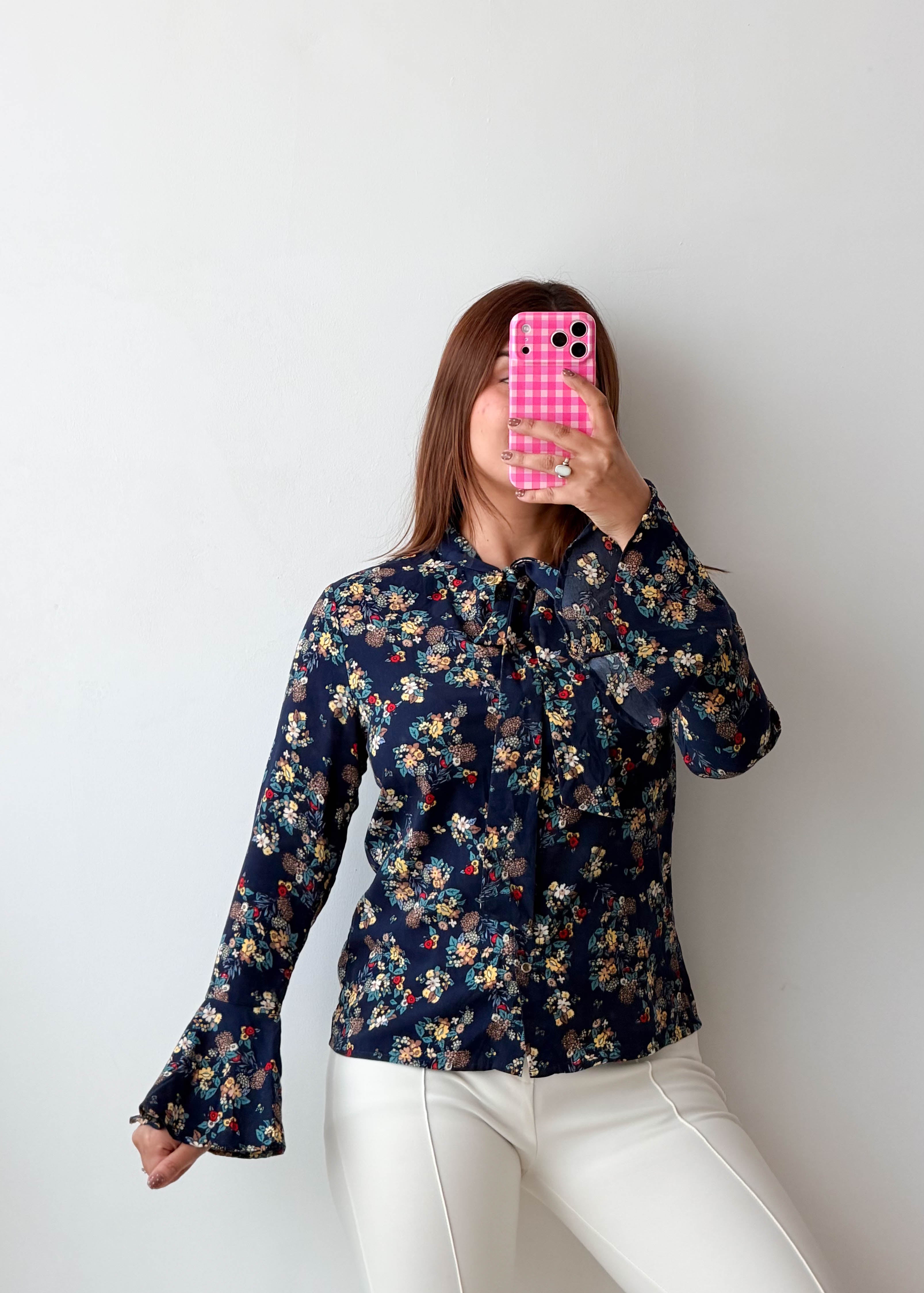 Size XS-S Navy Floral Tie-Neck Shirt Top