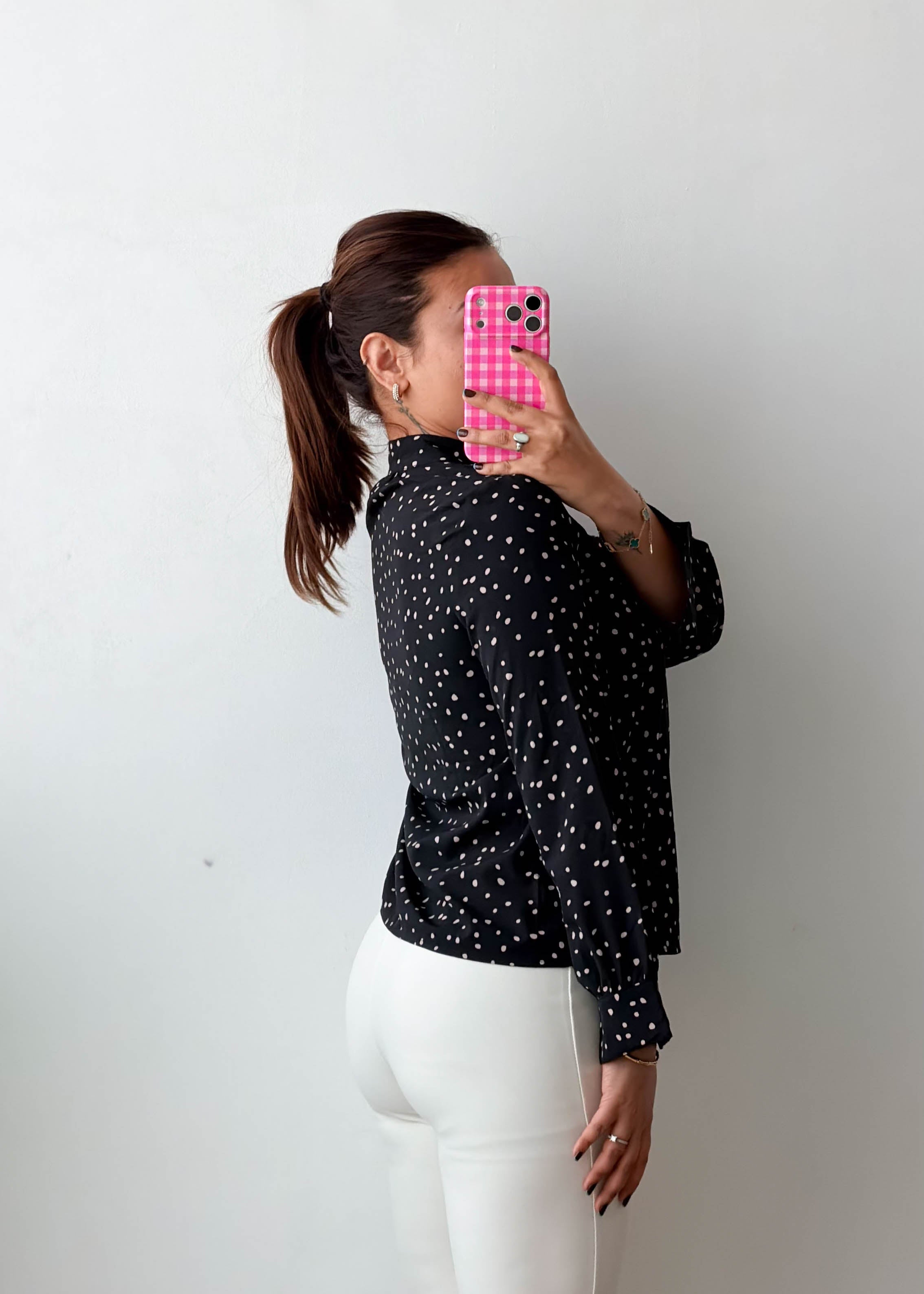 Size XS-S Black Polka Dot Tie-Neck Shirt Top