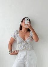 Size S-M Blue Floral Tie Front Top