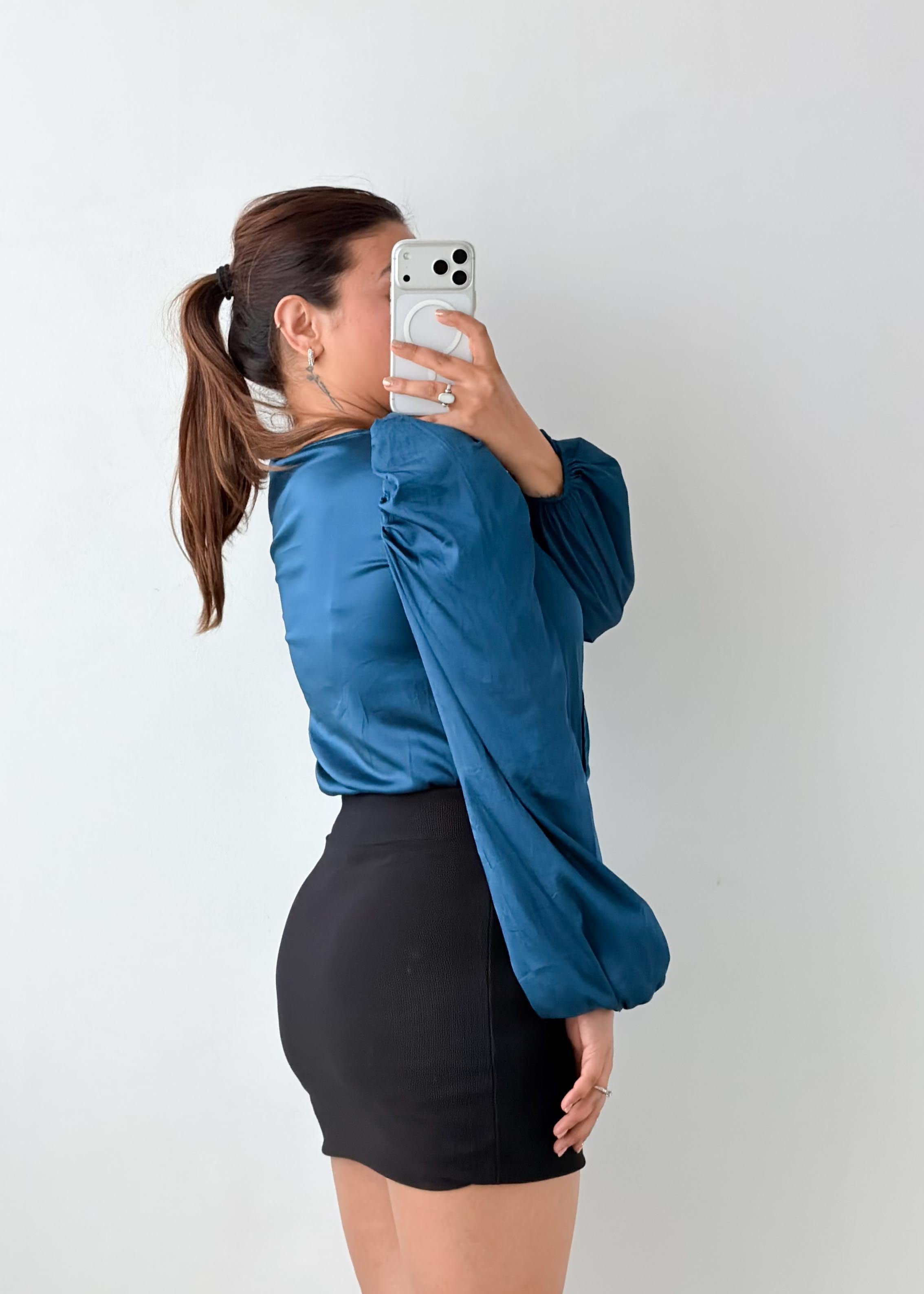 Size XS-S Teal Satin Puff Sleeve Bodysuit