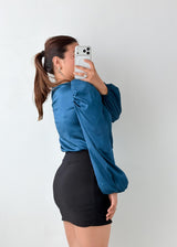Size XS-S Teal Satin Puff Sleeve Bodysuit