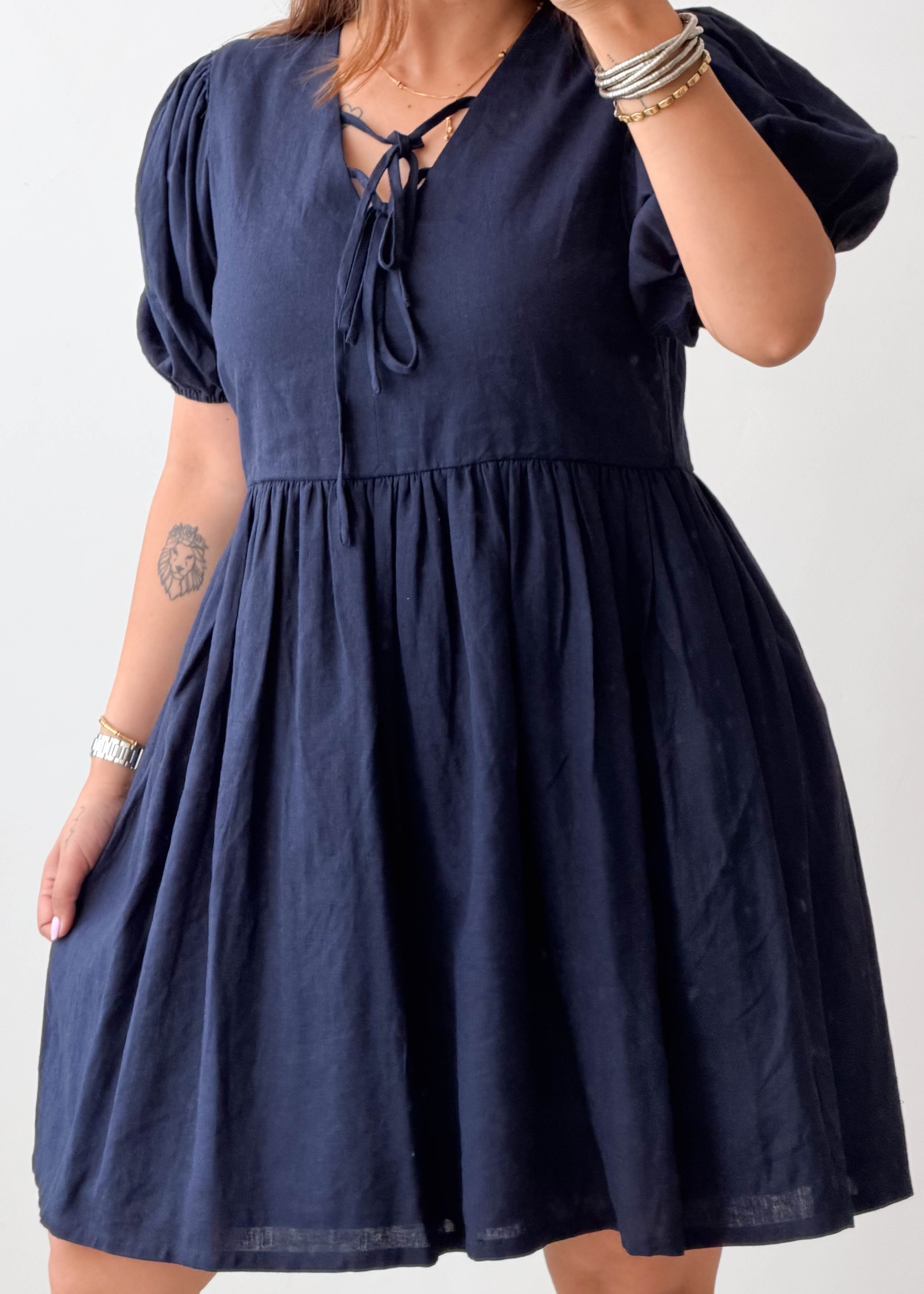 Size M-L Navy Tie-Neck Mini Dress