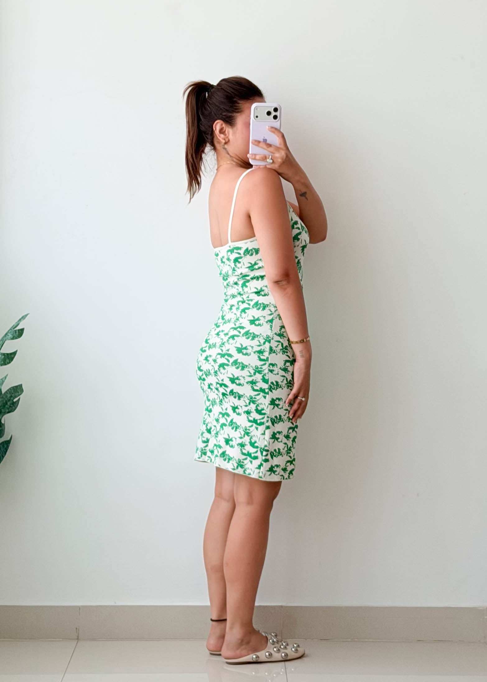 Size S-M White & Green Printed Mini Dress
