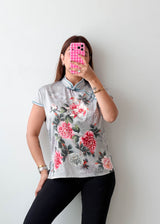 Size M Grey Floral Mandarin Collar Top