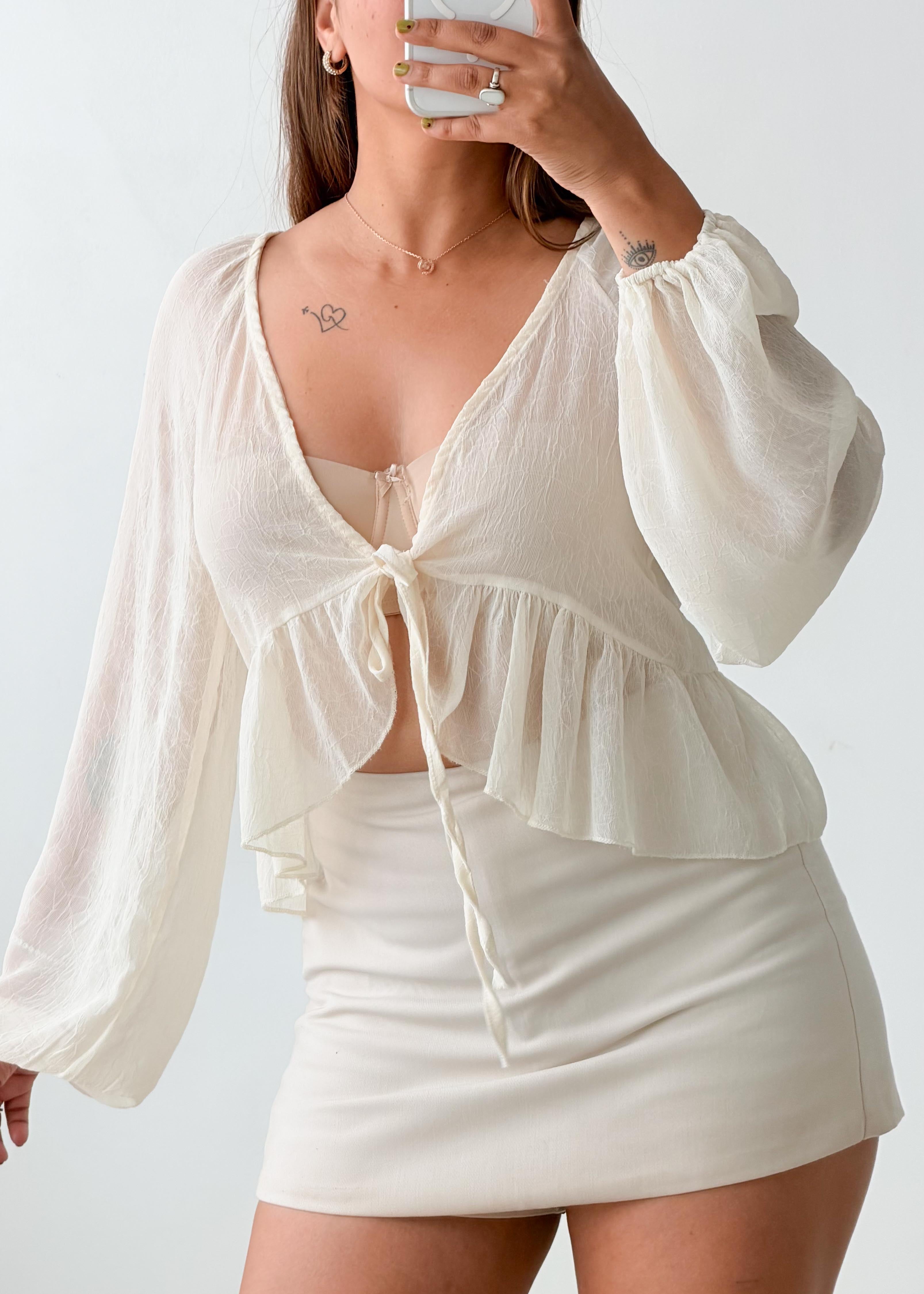 Size S-M White Tie-Up Peplum Top