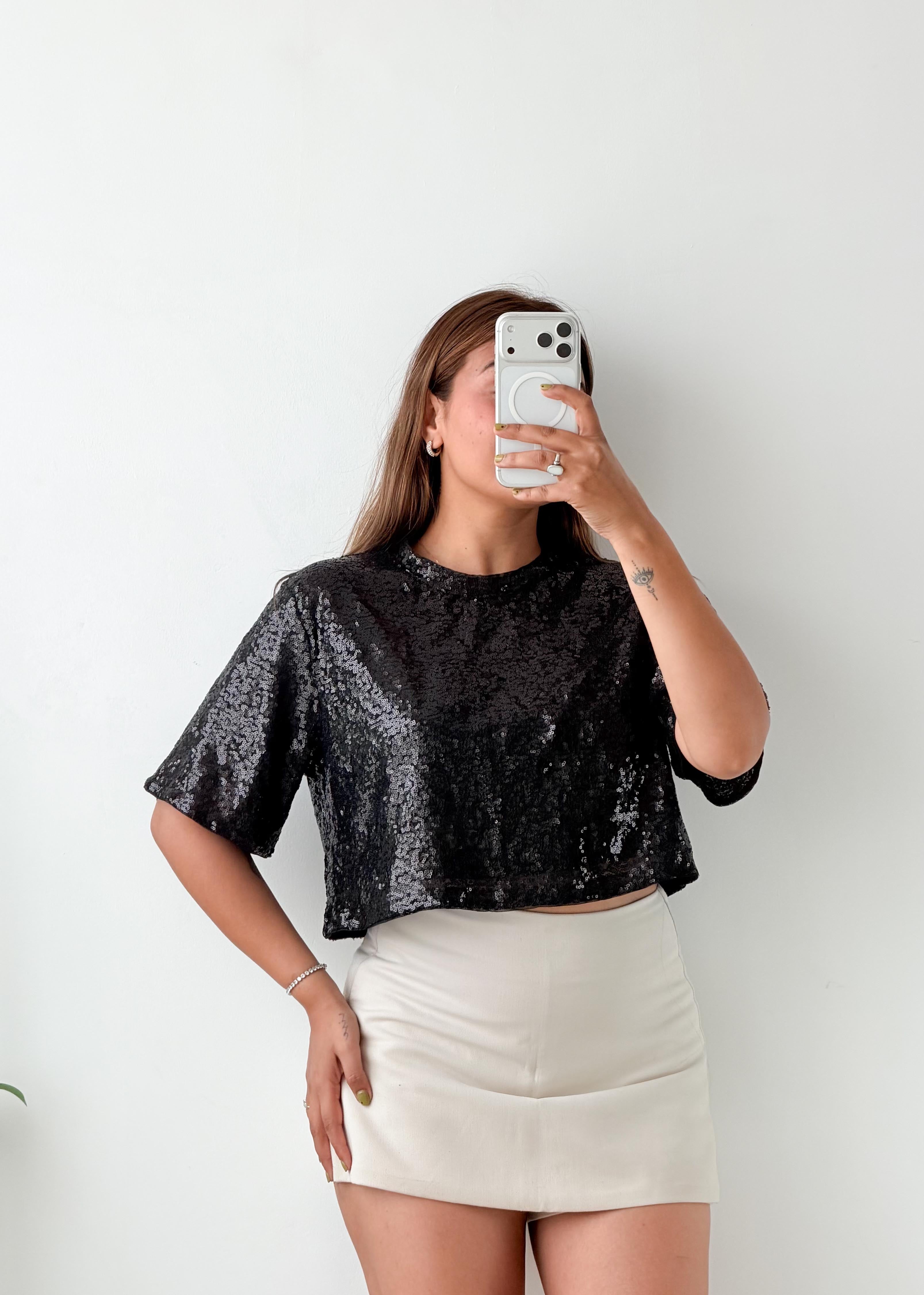 Size S-M Black Sequin Crop Top
