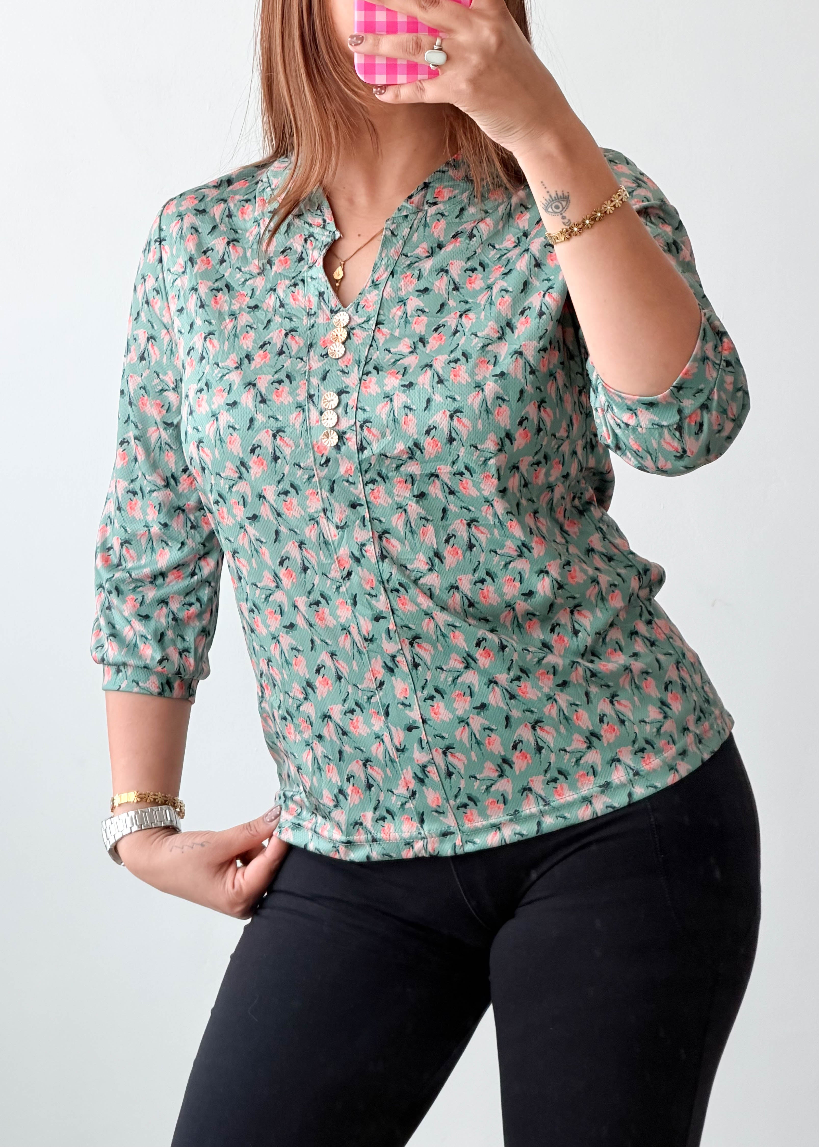 Size XS-S Mint Floral Print Shirt Top