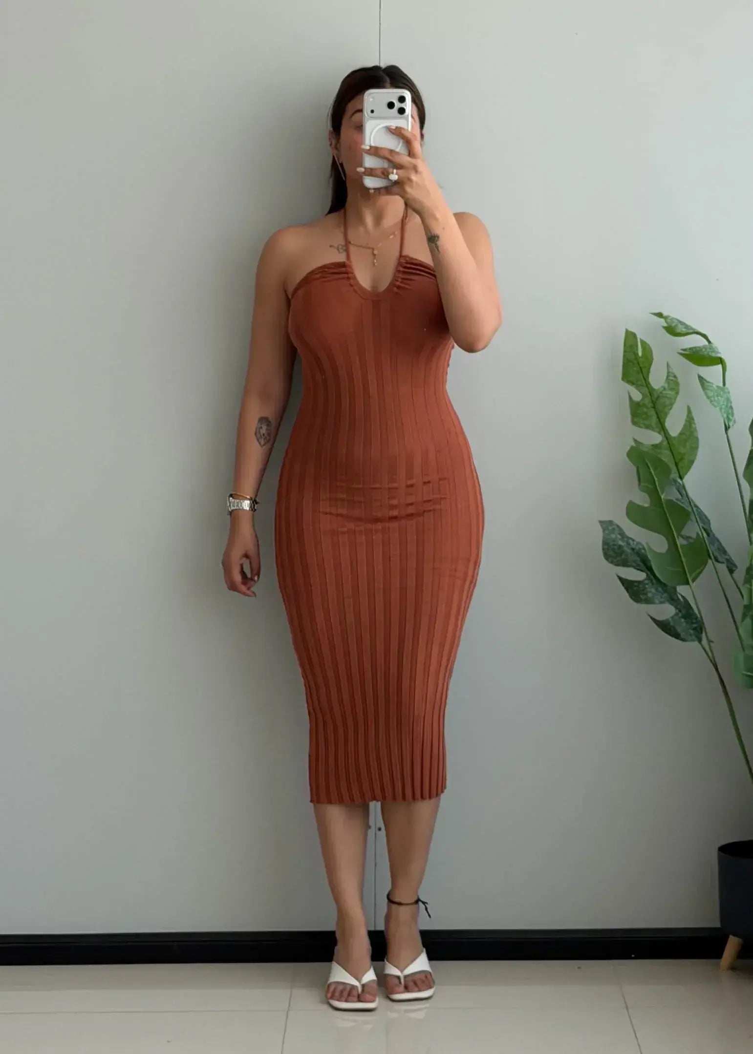 SIZE XS-S, Rust Ribbed Halter Bodycon Midi Dress - Closet by Payal