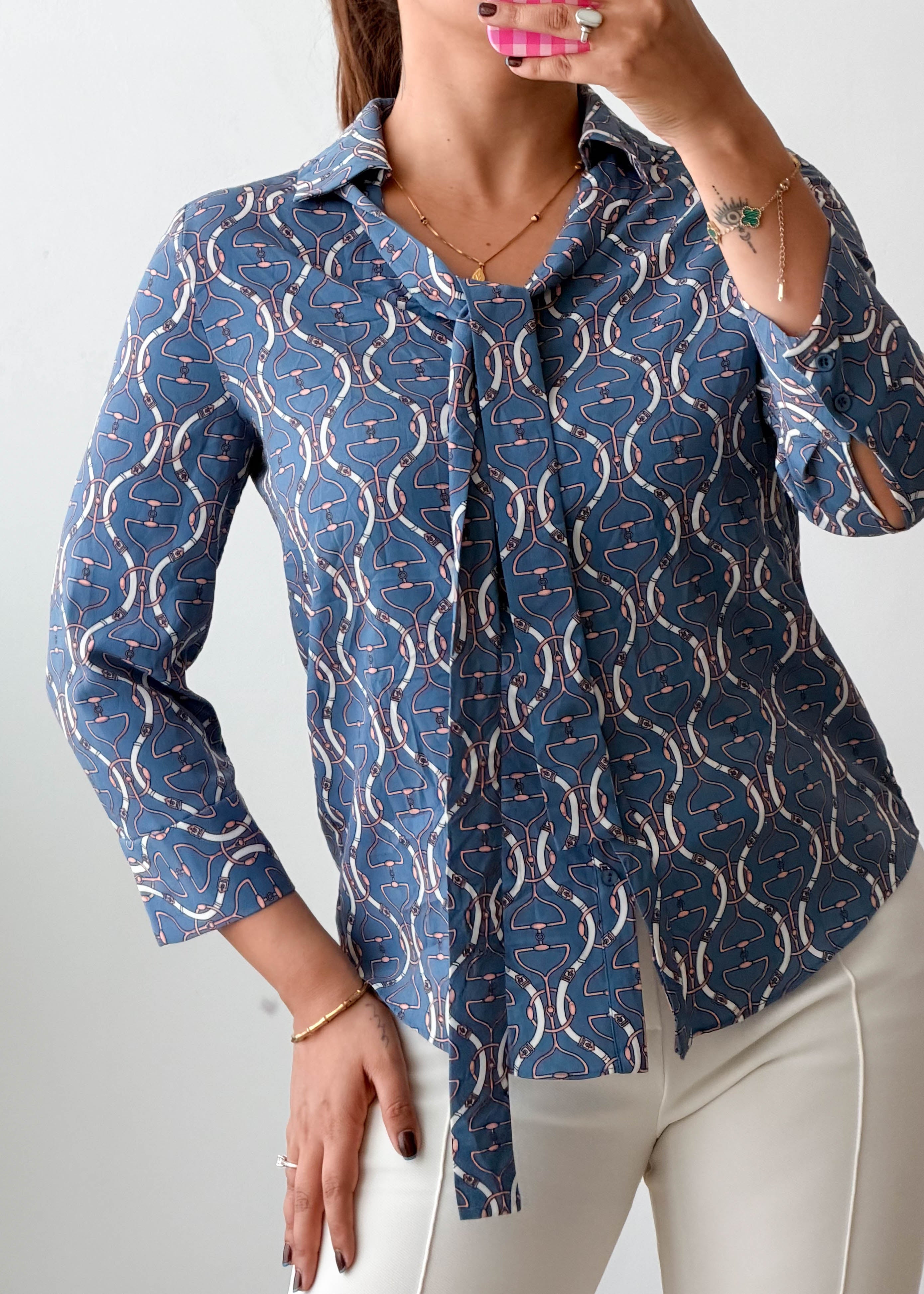 Size XS-S Blue Printed Tie-Neck Shirt Top