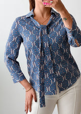 Size XS-S Blue Printed Tie-Neck Shirt Top