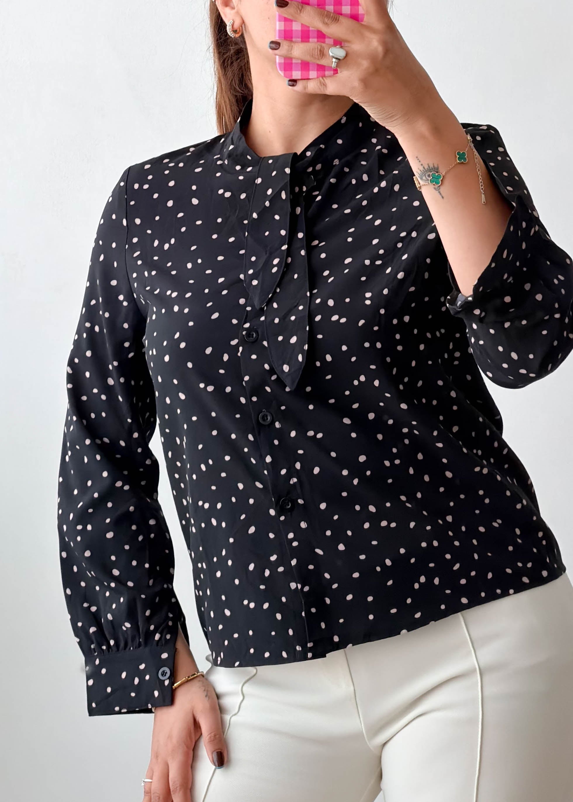 Size XS-S Black Polka Dot Tie-Neck Shirt Top