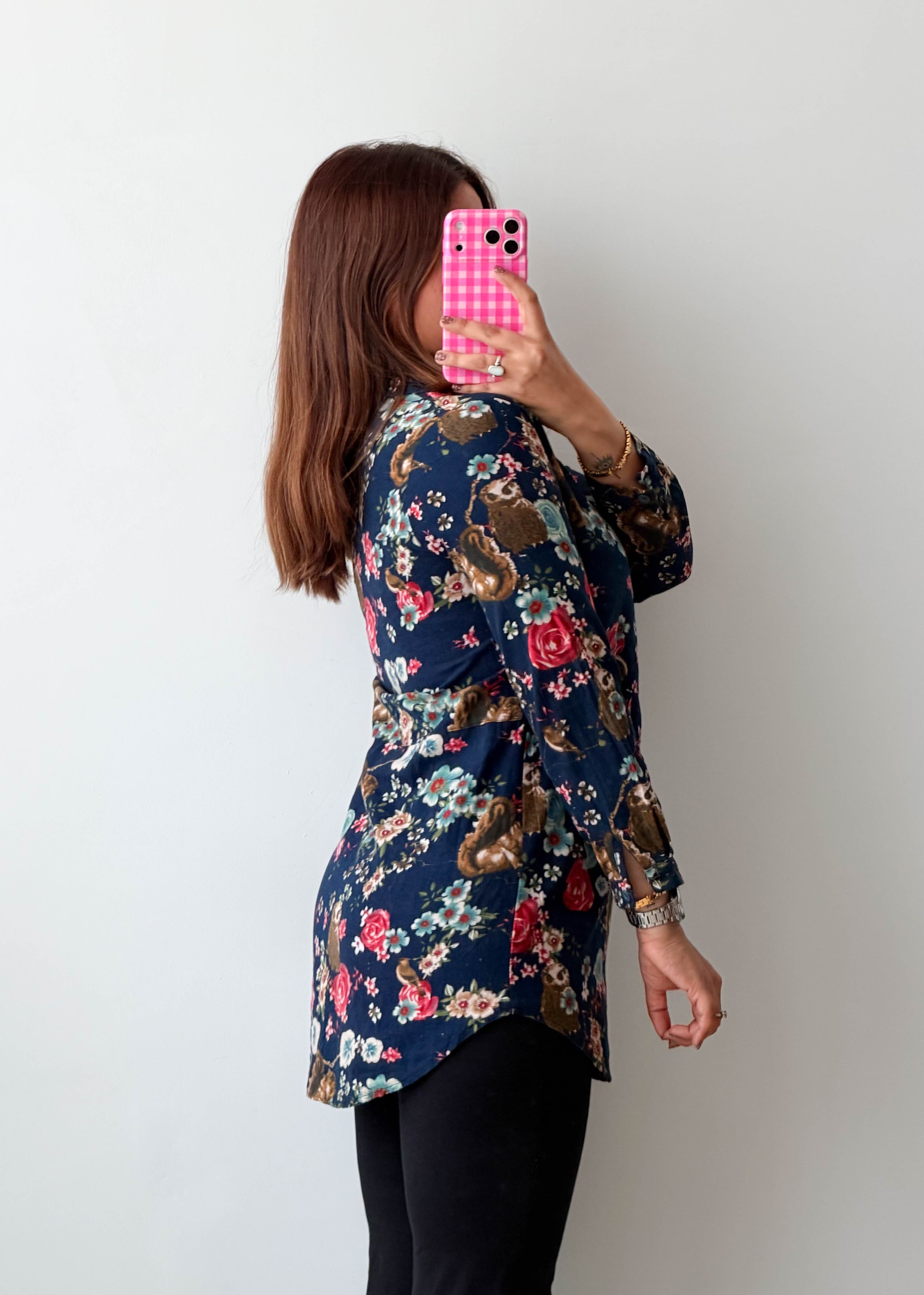 Size XS-S Navy Multicolor Floral Longline Shirt Top