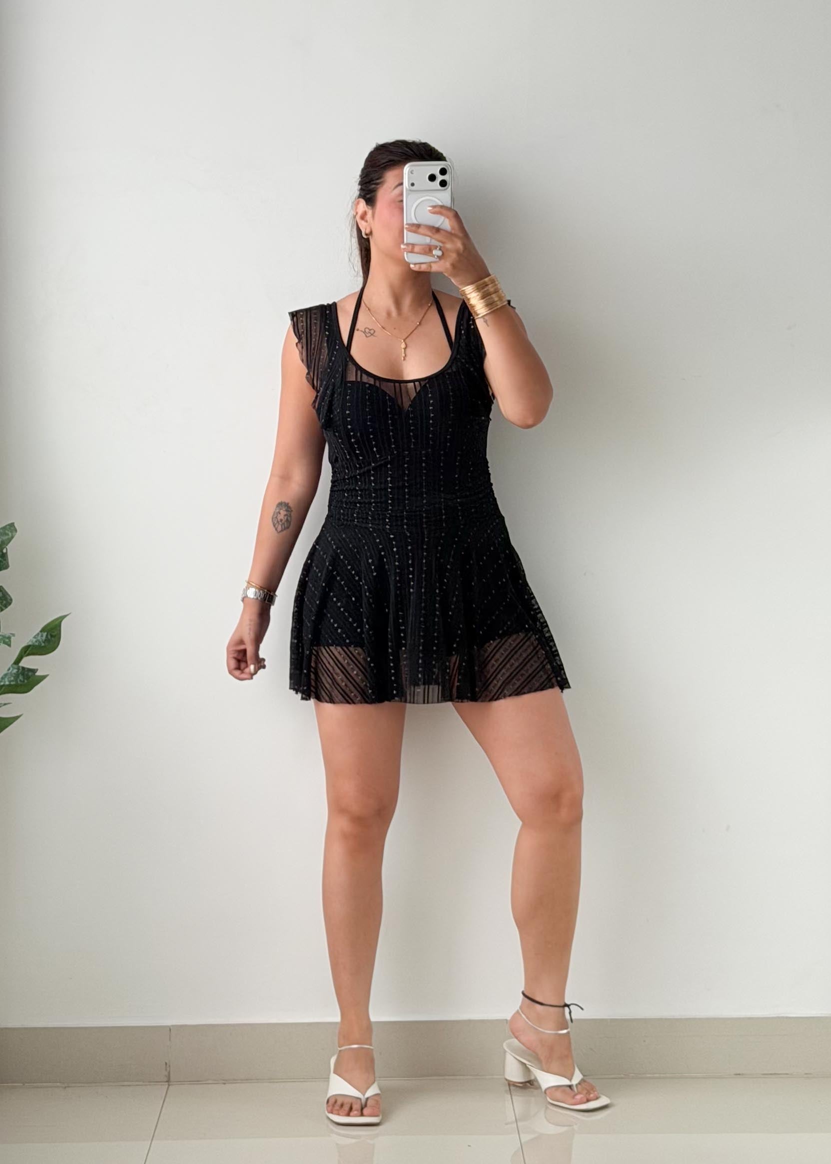 Size XS-S Black Embellished Mesh Mini Dress