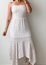 Size S-M White Floral Open-Back Handkerchief Midi Dress