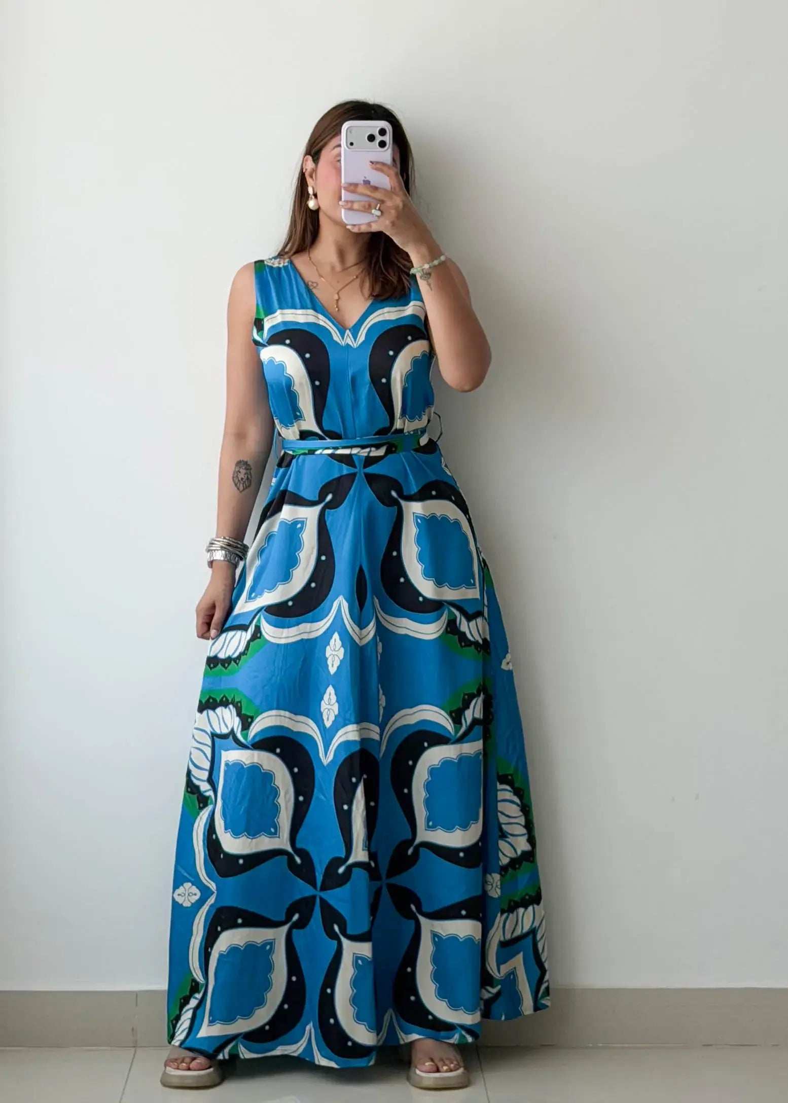 Size M-L, Blue Printed Maxi Dress