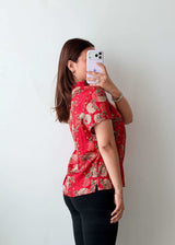 S-M Red Floral Mandarin Collar Shirt
