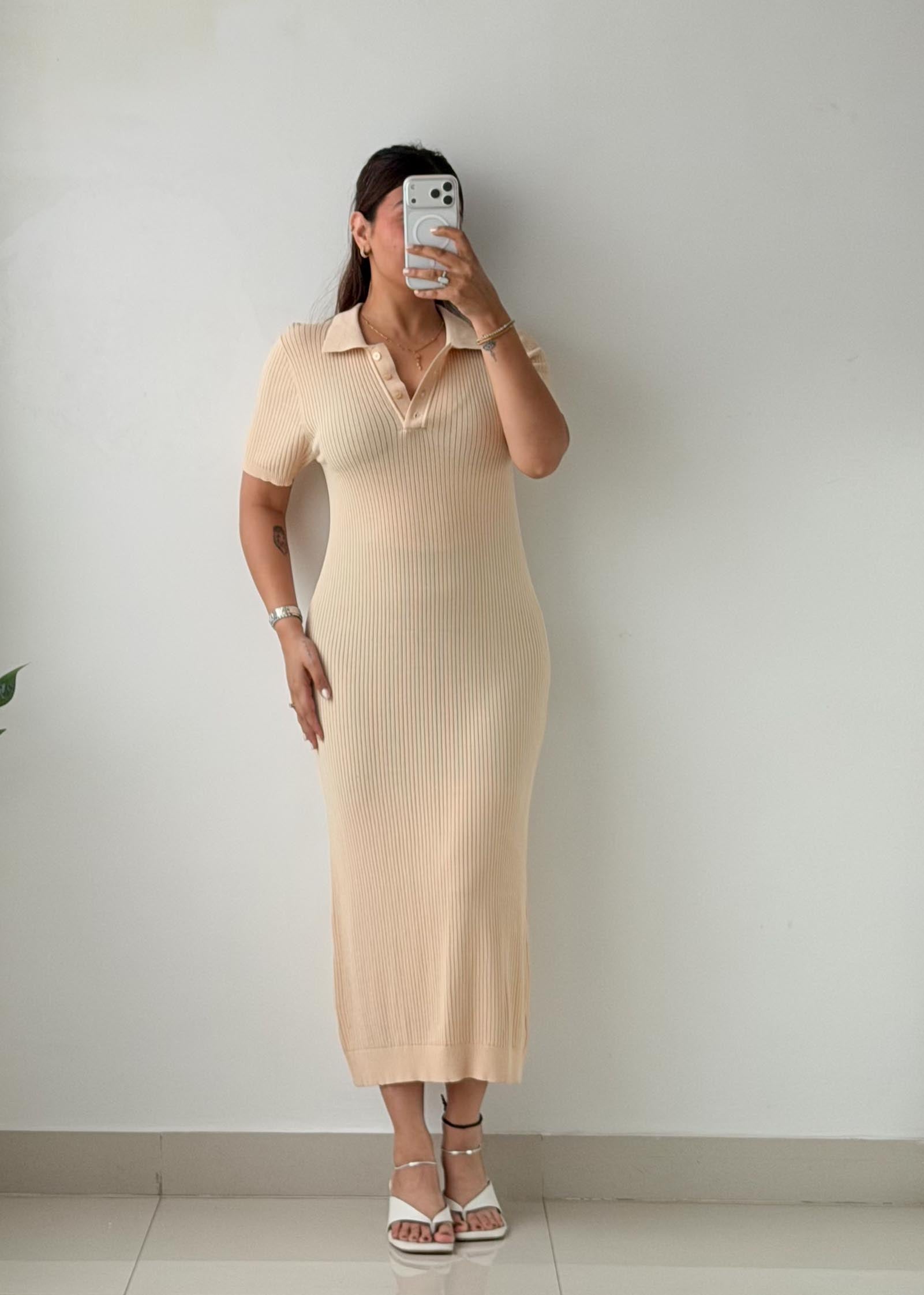 Size S-M Cream Ribbed Polo Midi Dress