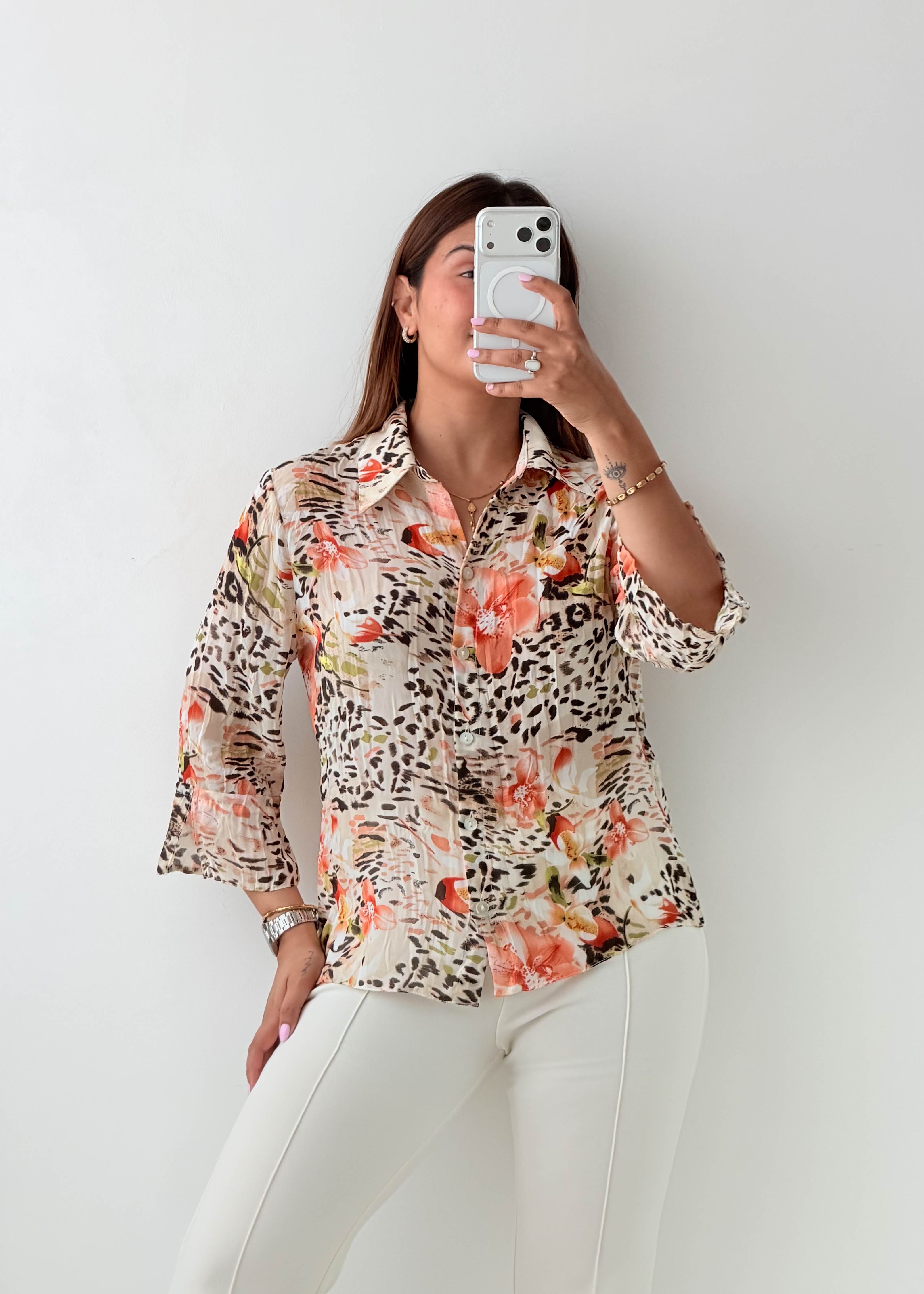 Size XS-S White Floral Print Shirt