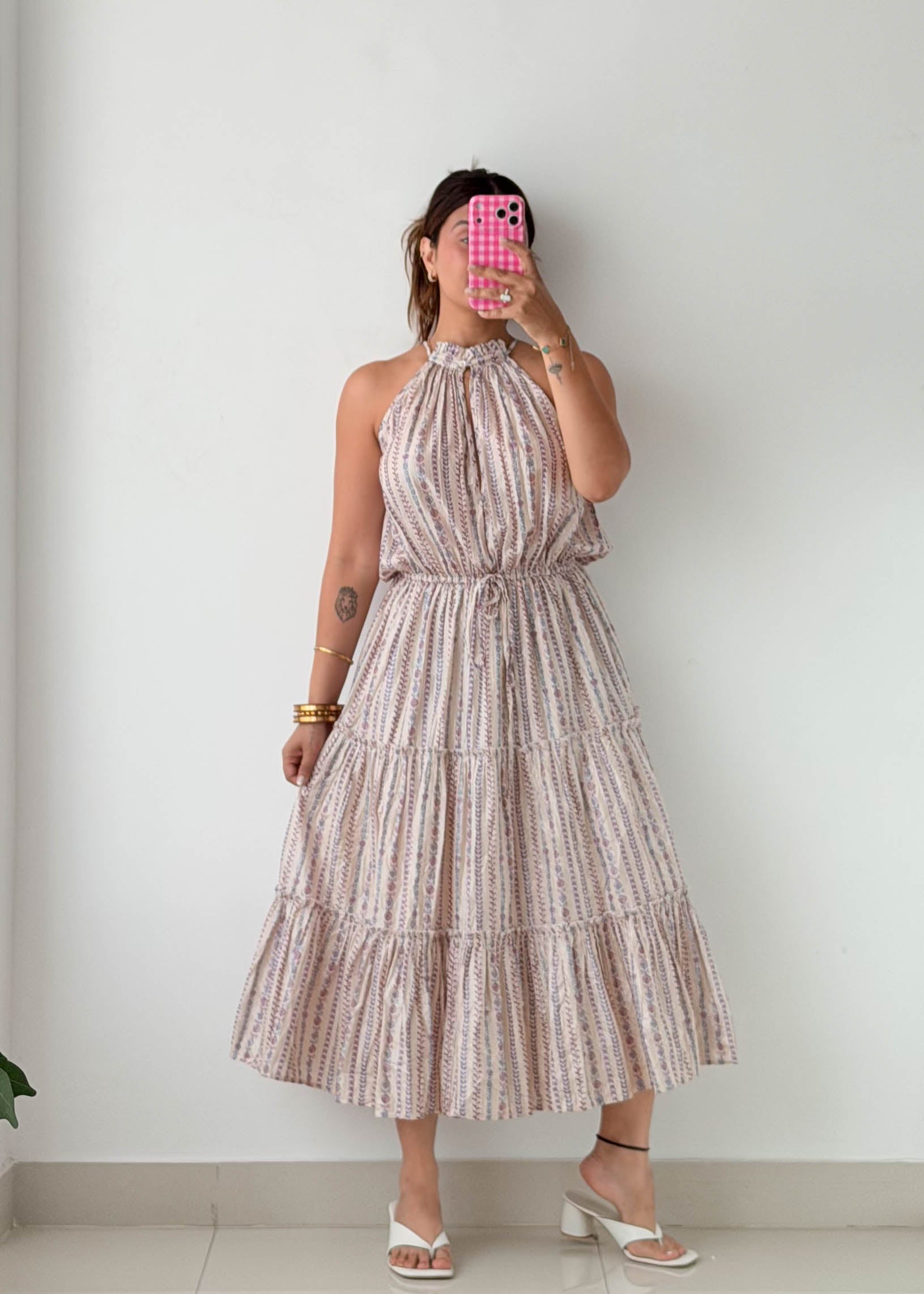 Size L-XL Beige Printed Halter Midi Dress