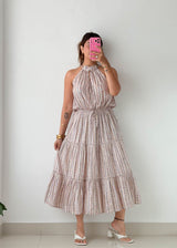 Size L-XL Beige Printed Halter Midi Dress