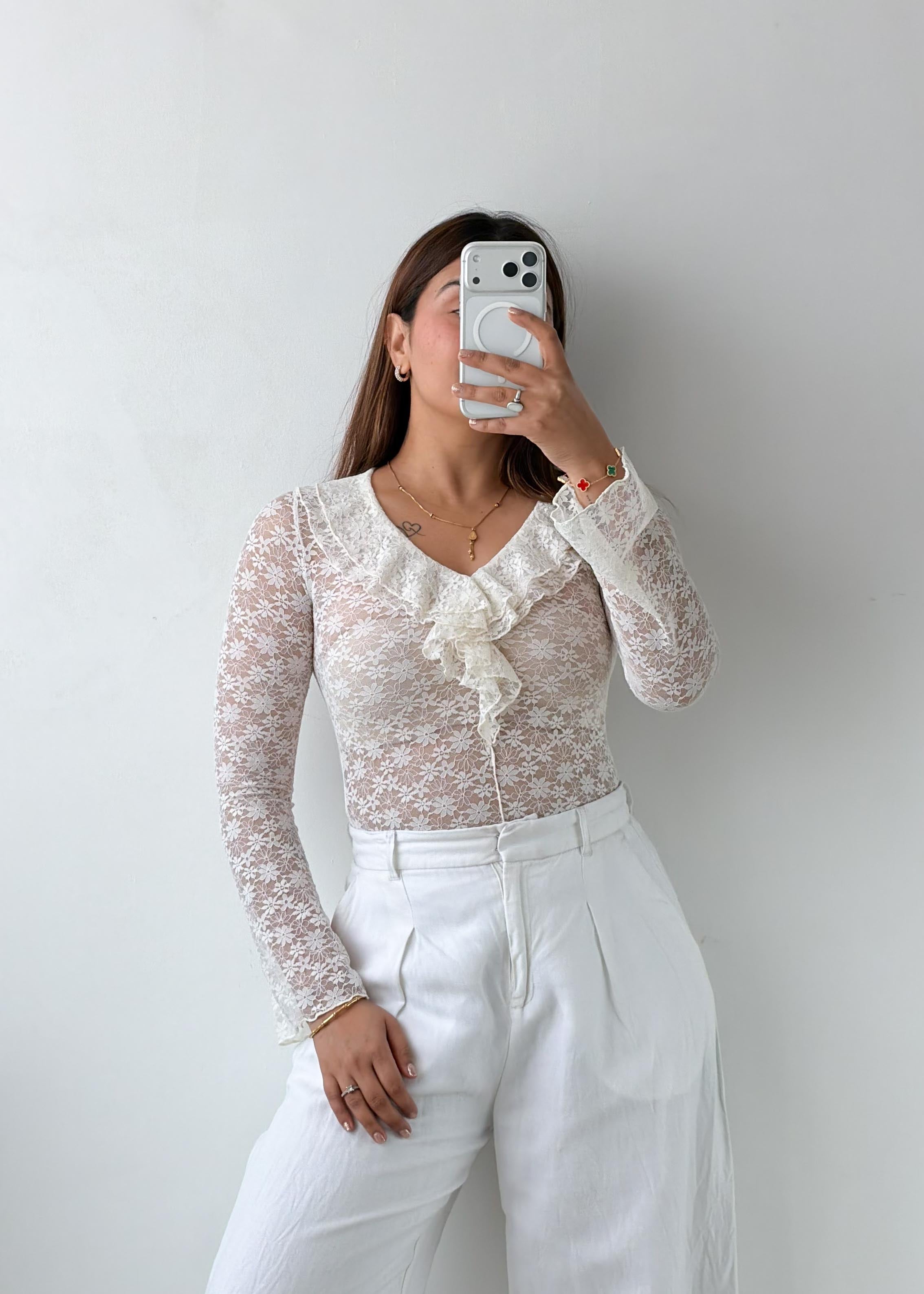 Size XS-S White Floral Lace Ruffle Top