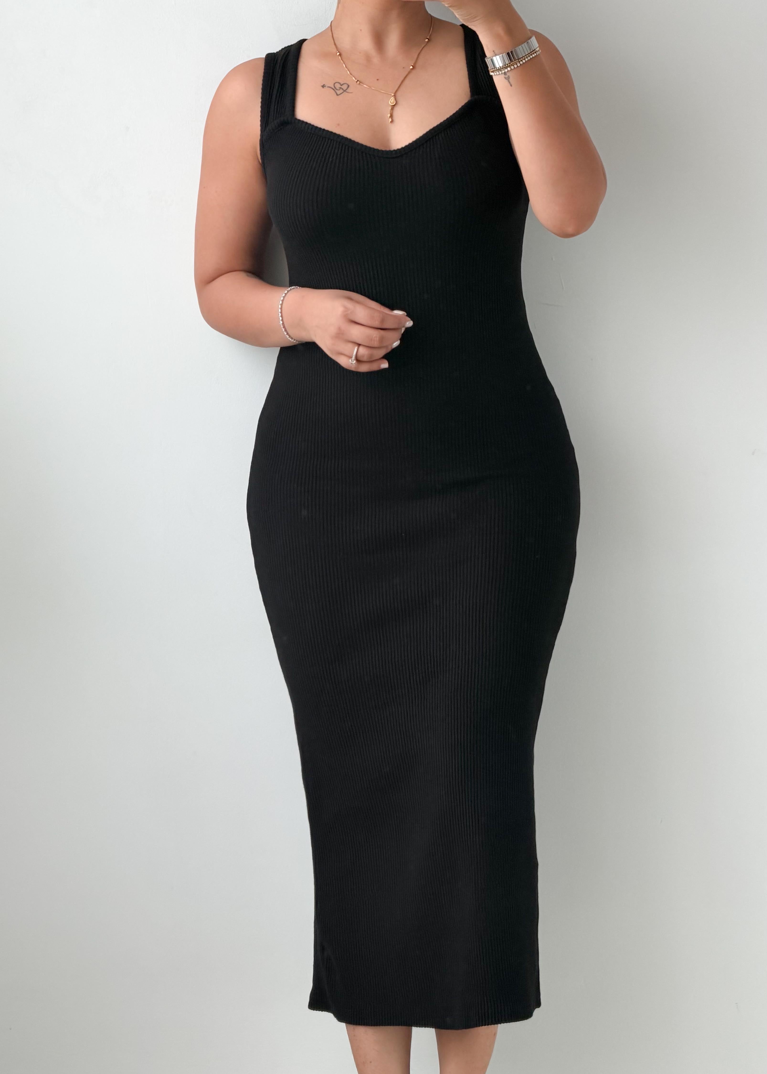 Size XS-M Black Ribbed Bodycon Midi Dress