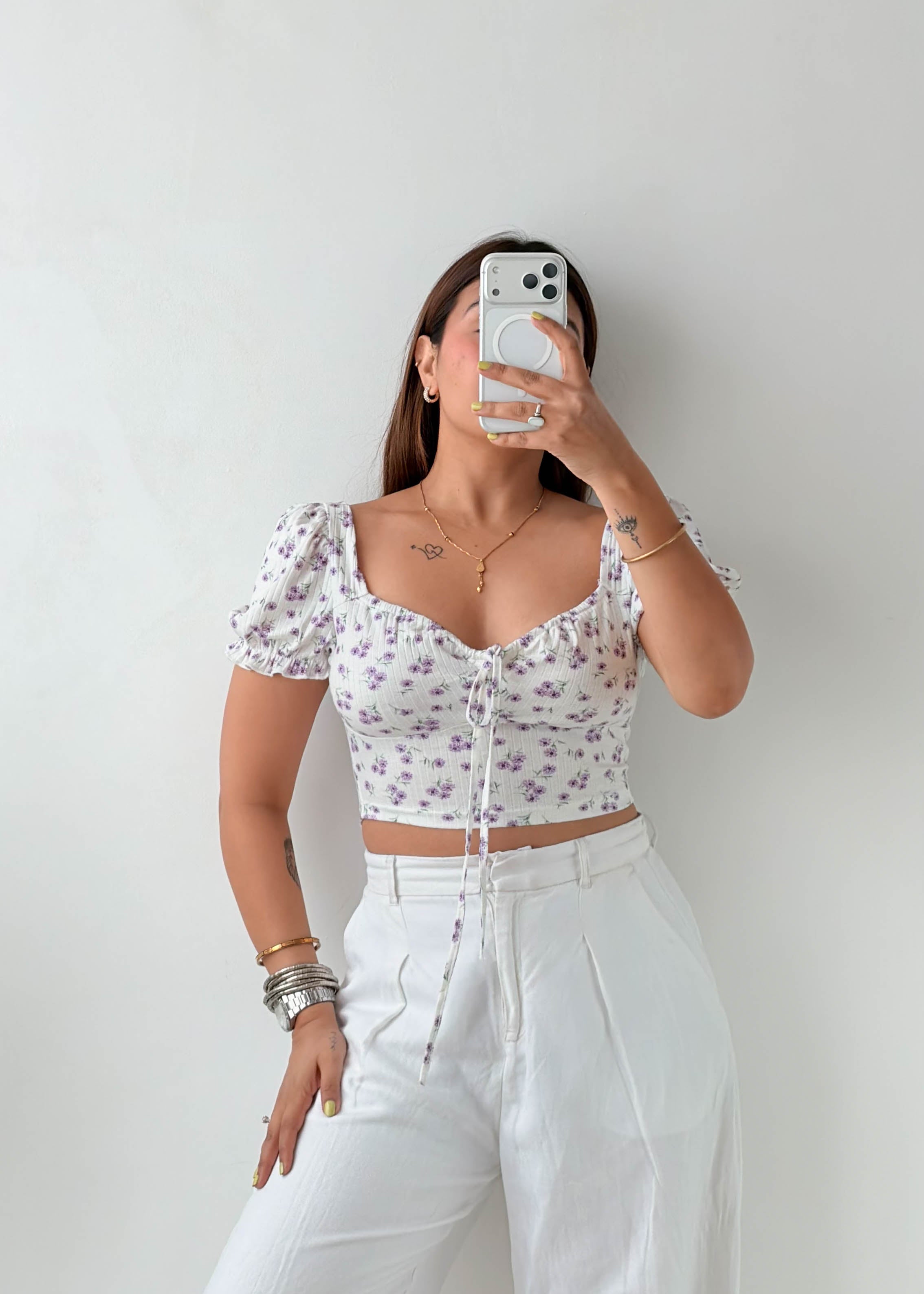 Size XS-S White Floral Milkmaid Crop Top