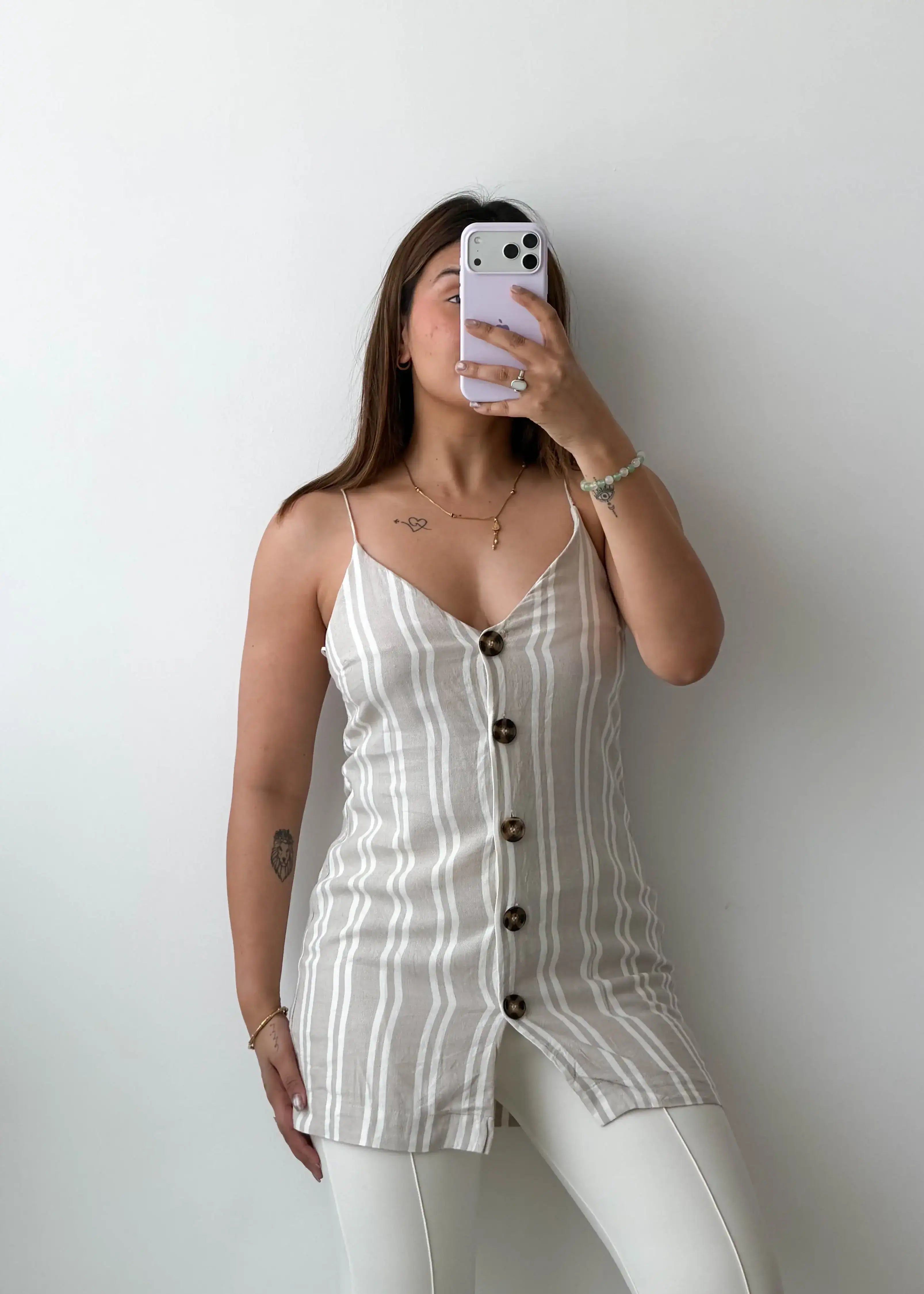 Size XS-S Beige Striped Button Camisole Top