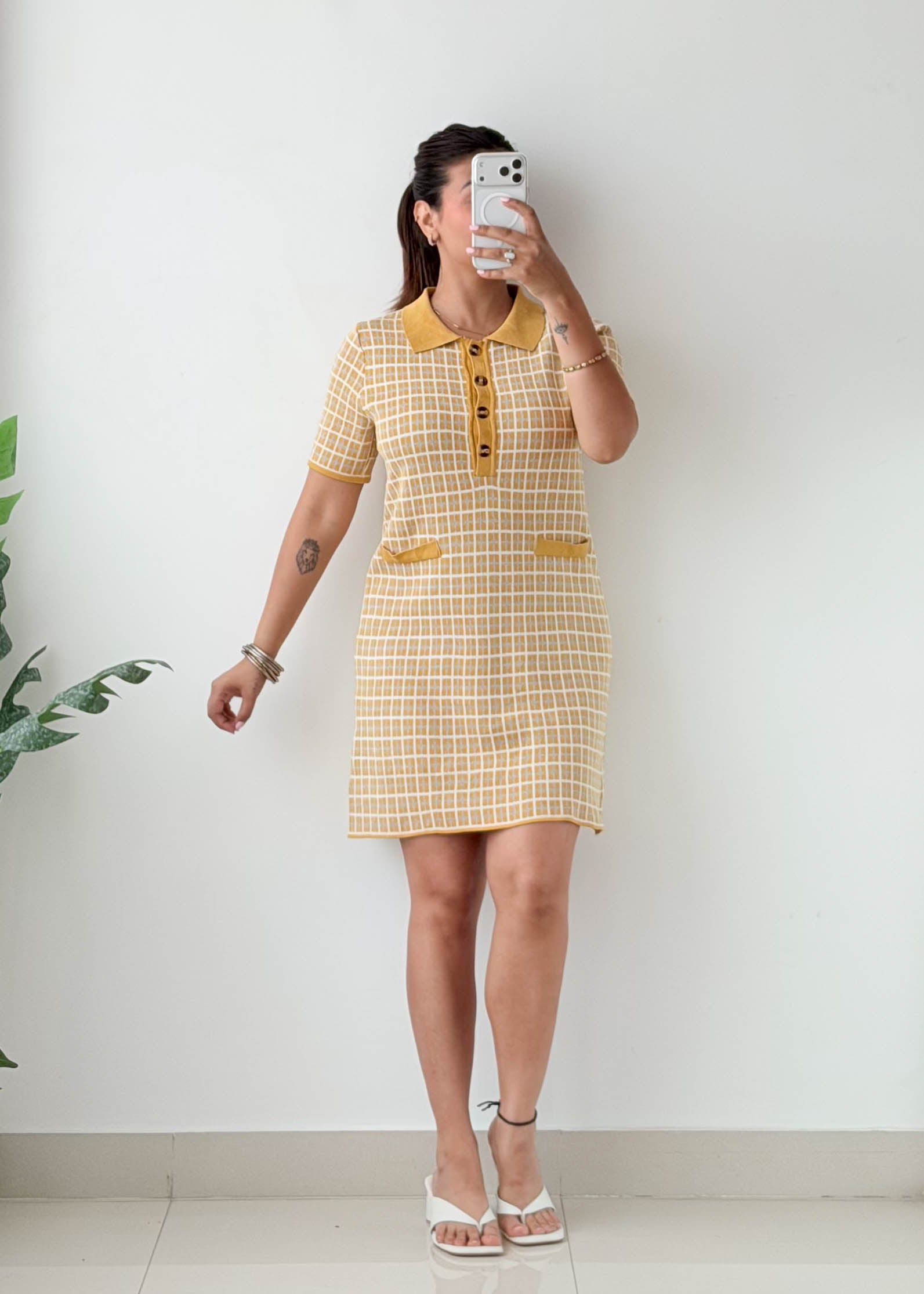Size M-L Mustard Checked Polo Knit Mini Dress