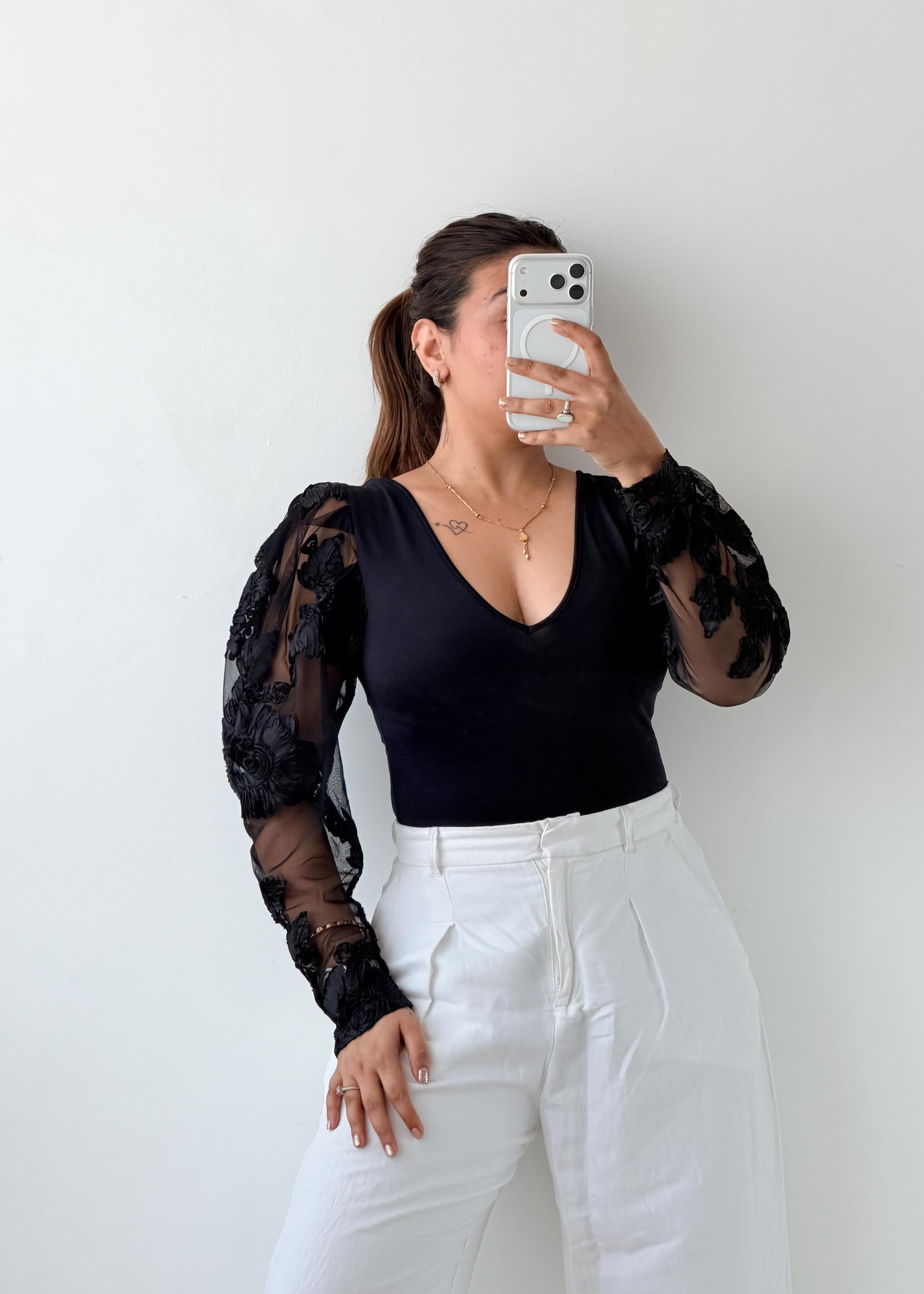 Size S-M Black Mesh Sleeve Bodysuit