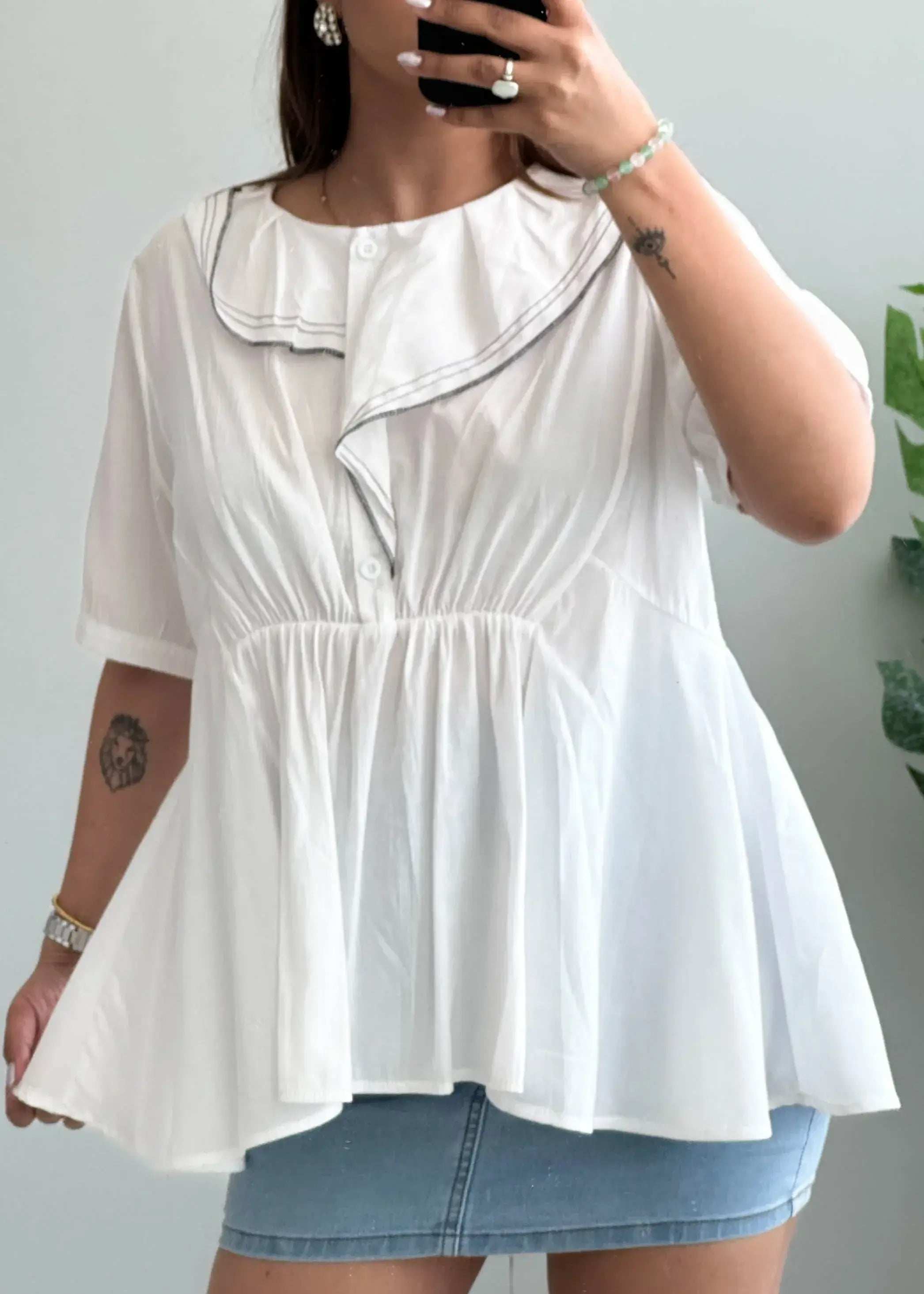 Size M-L, White Sailor Collar Peplum Top for Women - Closet by Payal
