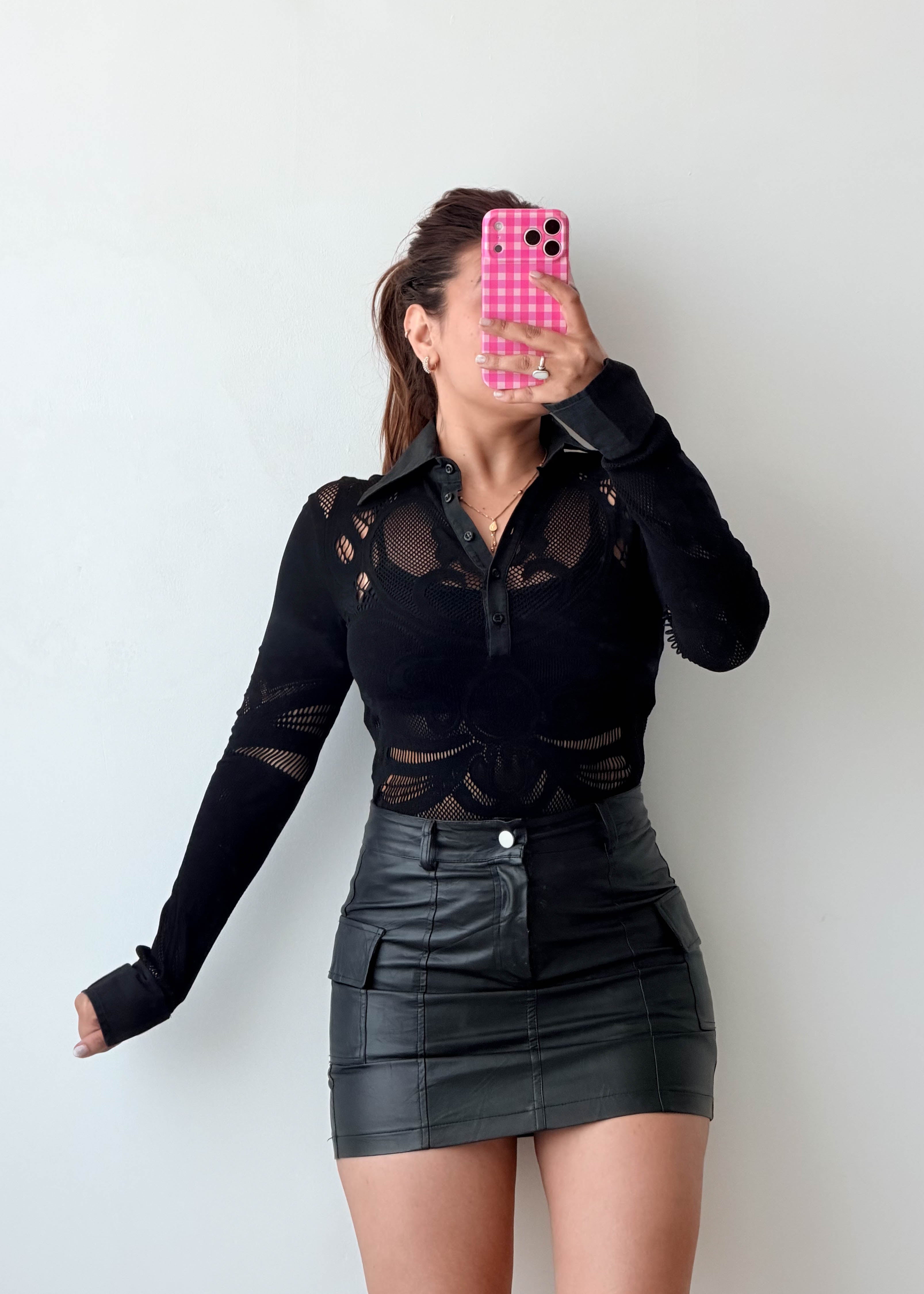Size S-M Black Sheer Lace Polo Bodysuit