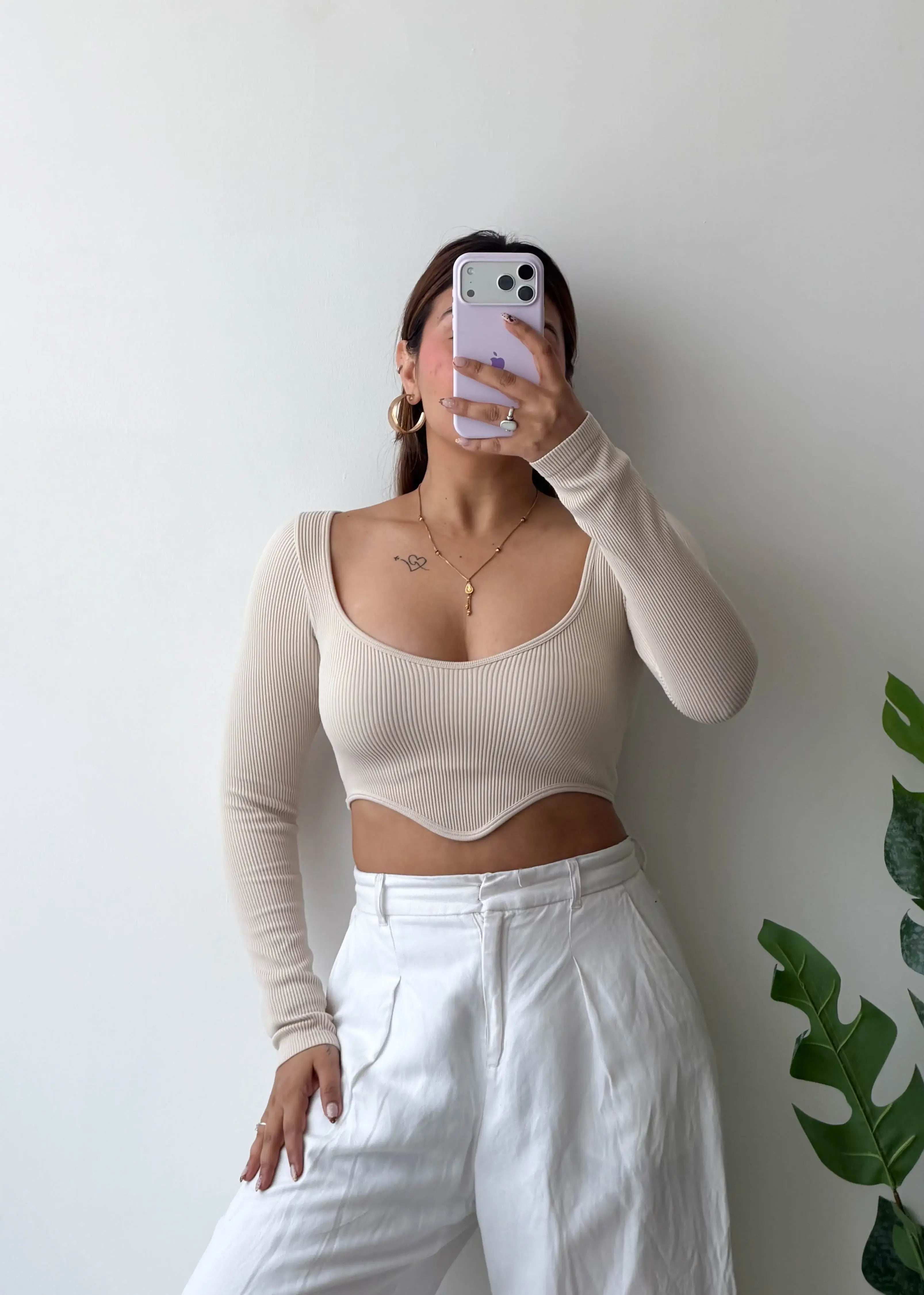 Size XS-S, Cream Long Sleeve Crop Top