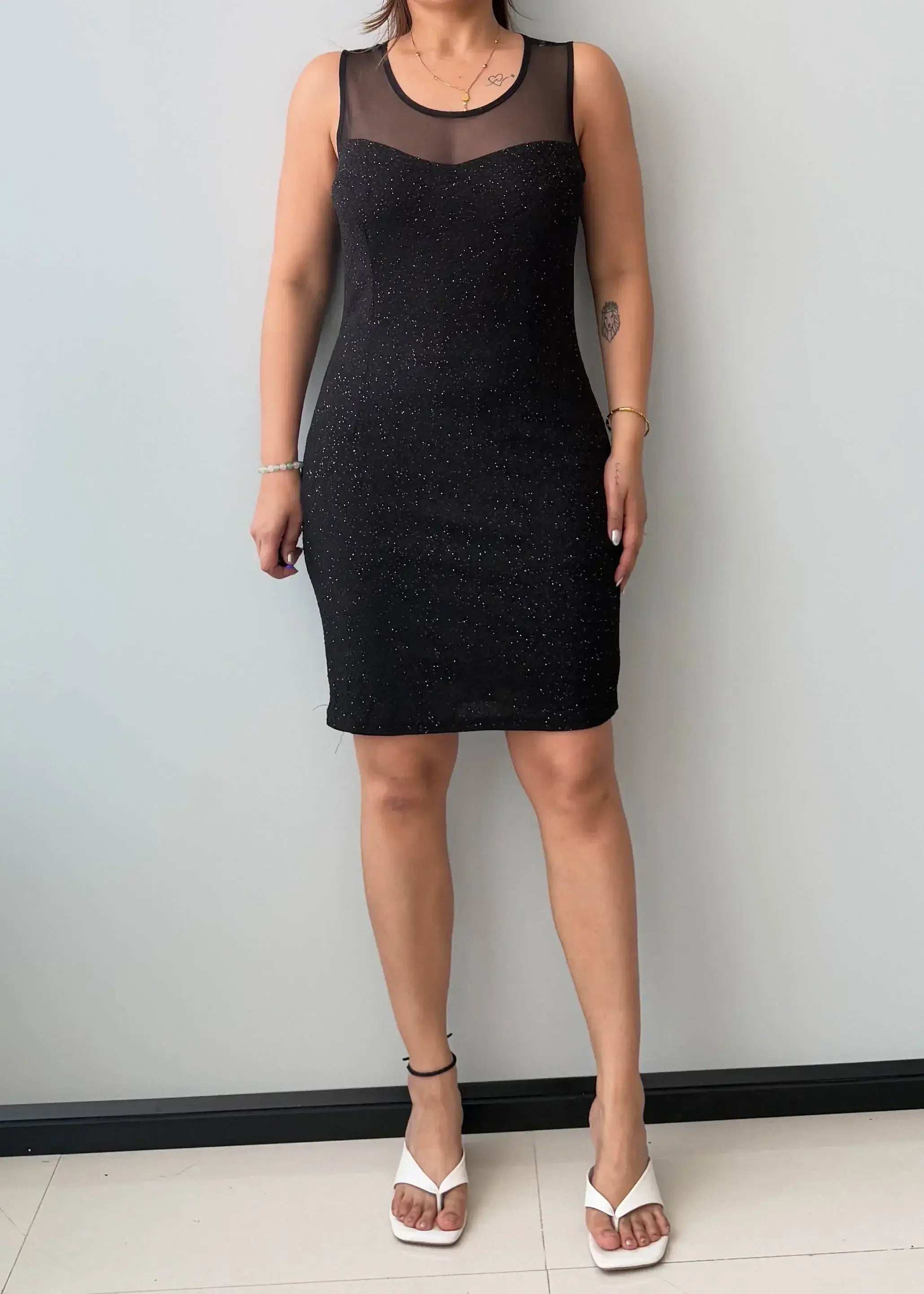 Size M-L, Black Sheer Neck Bodycon Mini Dress - Closet by Payal