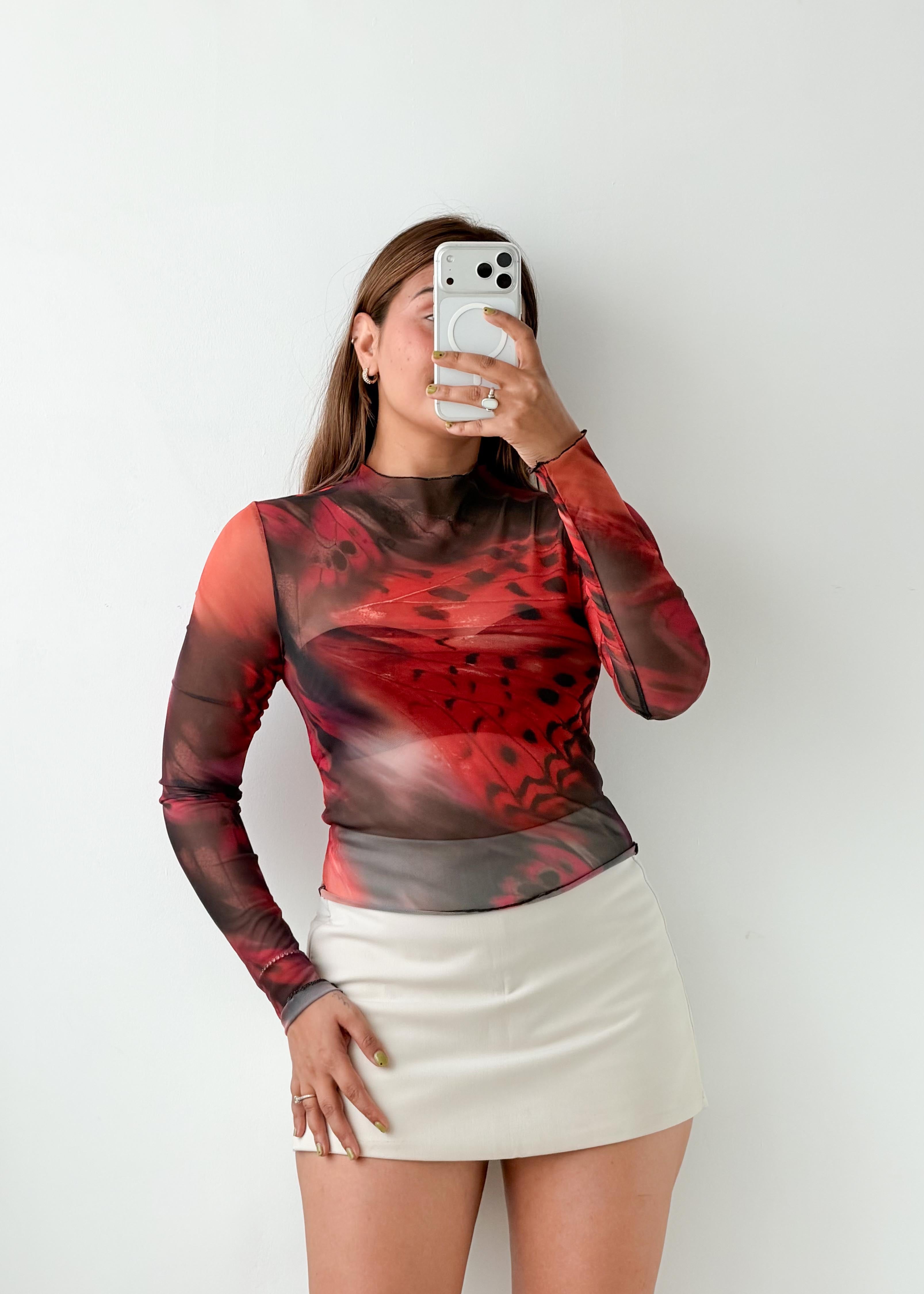 Size S-M Red Abstract Mesh Top