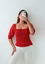 Size XS-S Red Smocked Puff Sleeve Top