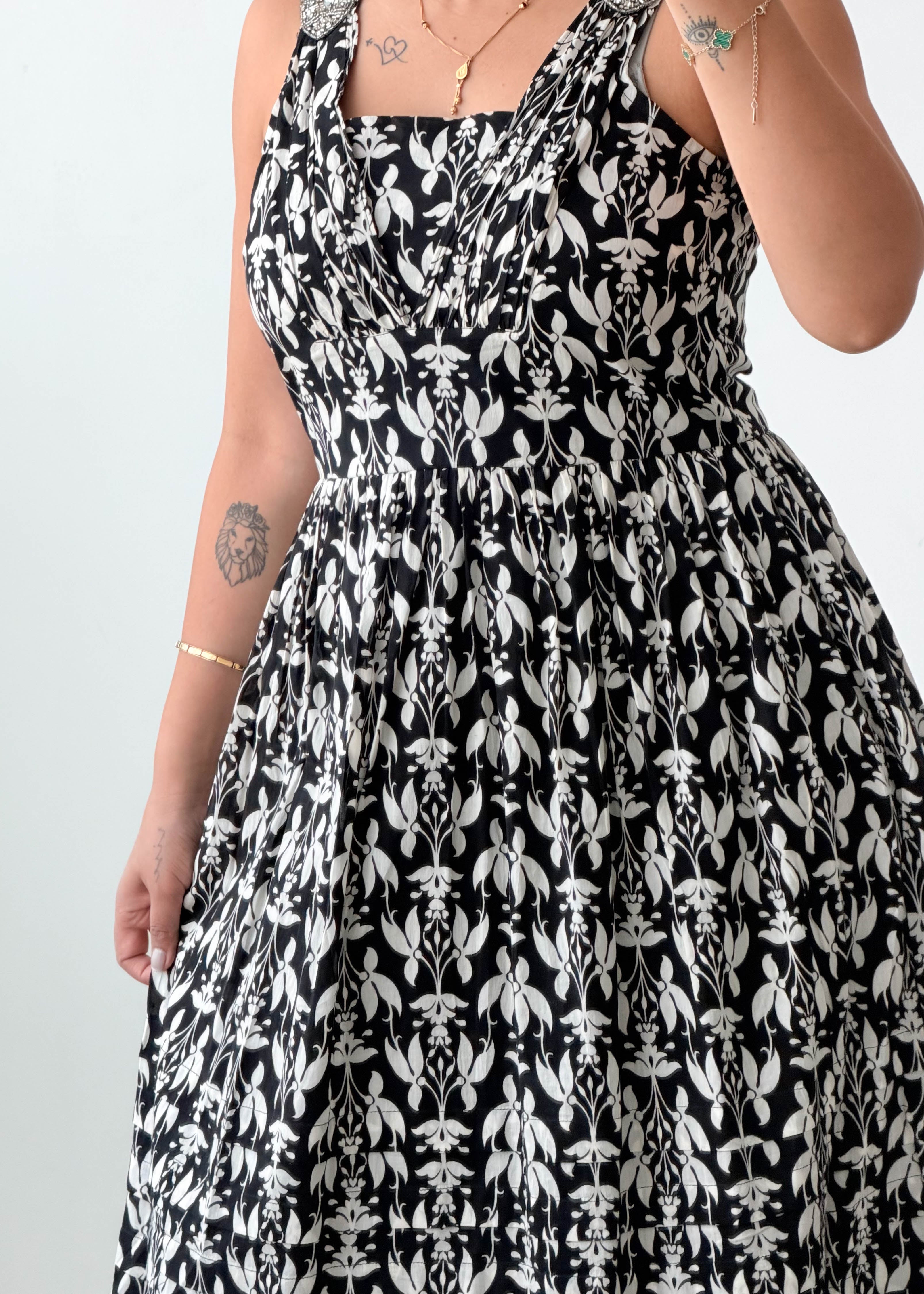 Size S-M Black Floral Smocked Midi Dress