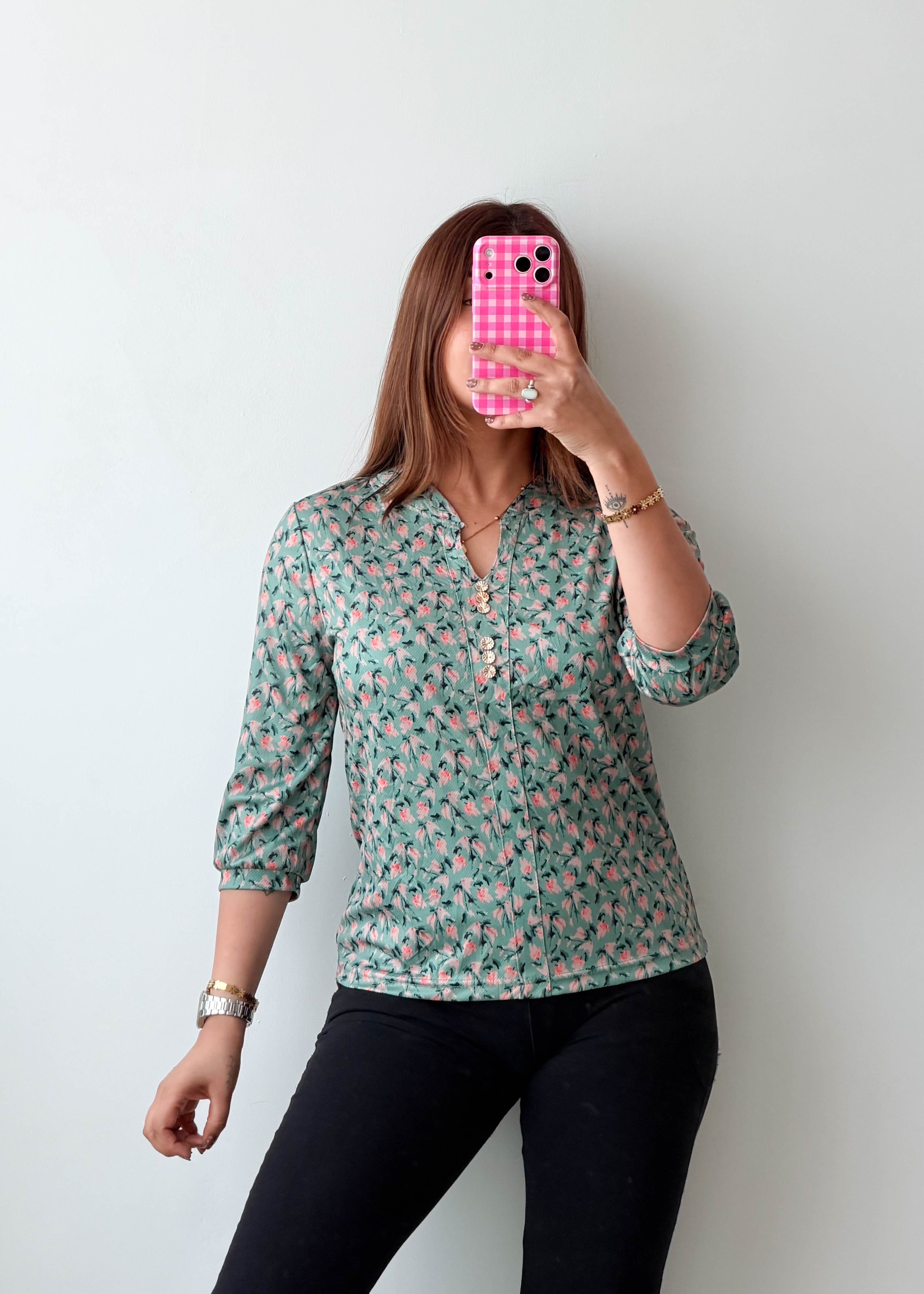 Size XS-S Mint Floral Print Shirt Top