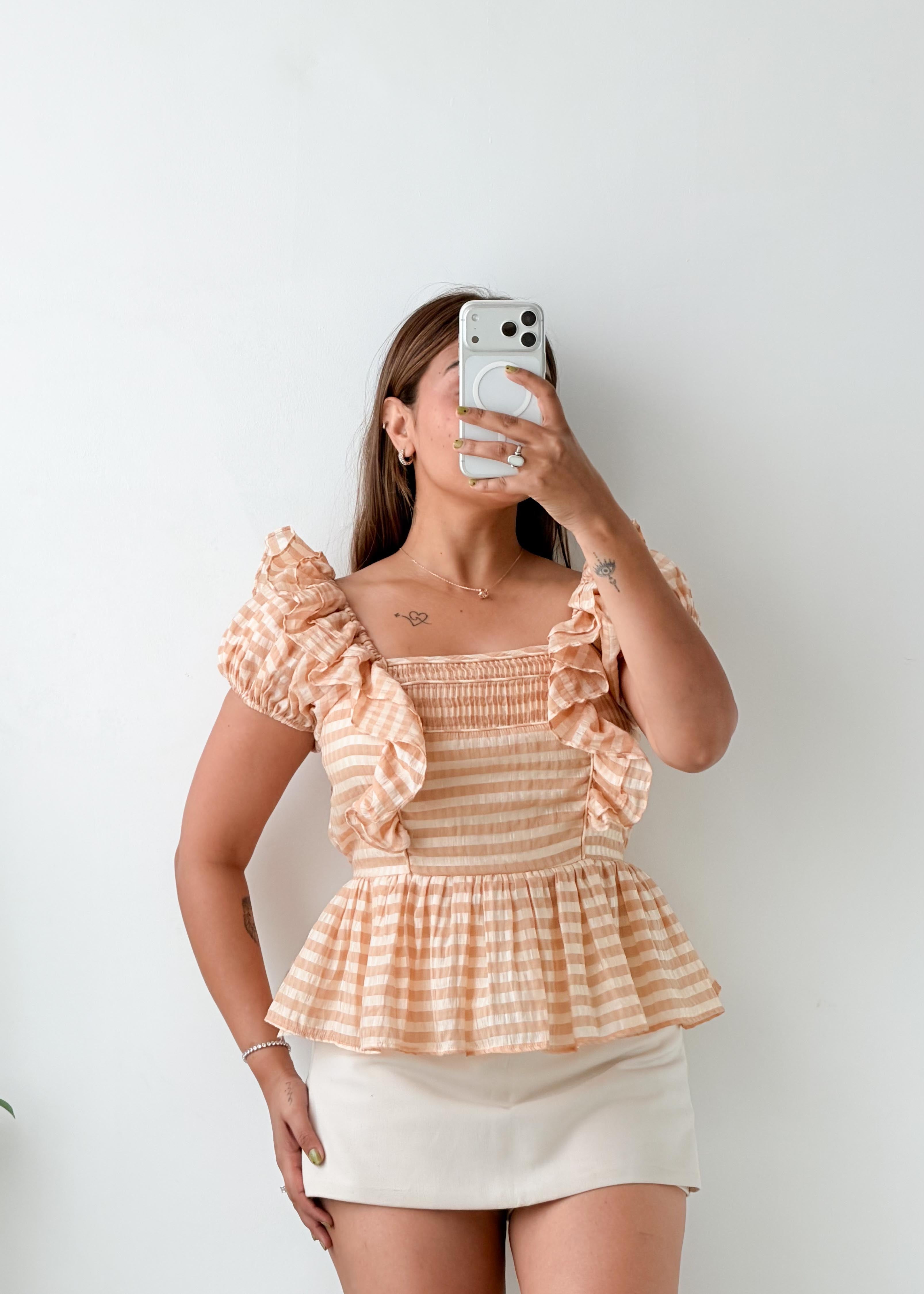 Size XS-S Peach Gingham Peplum Top