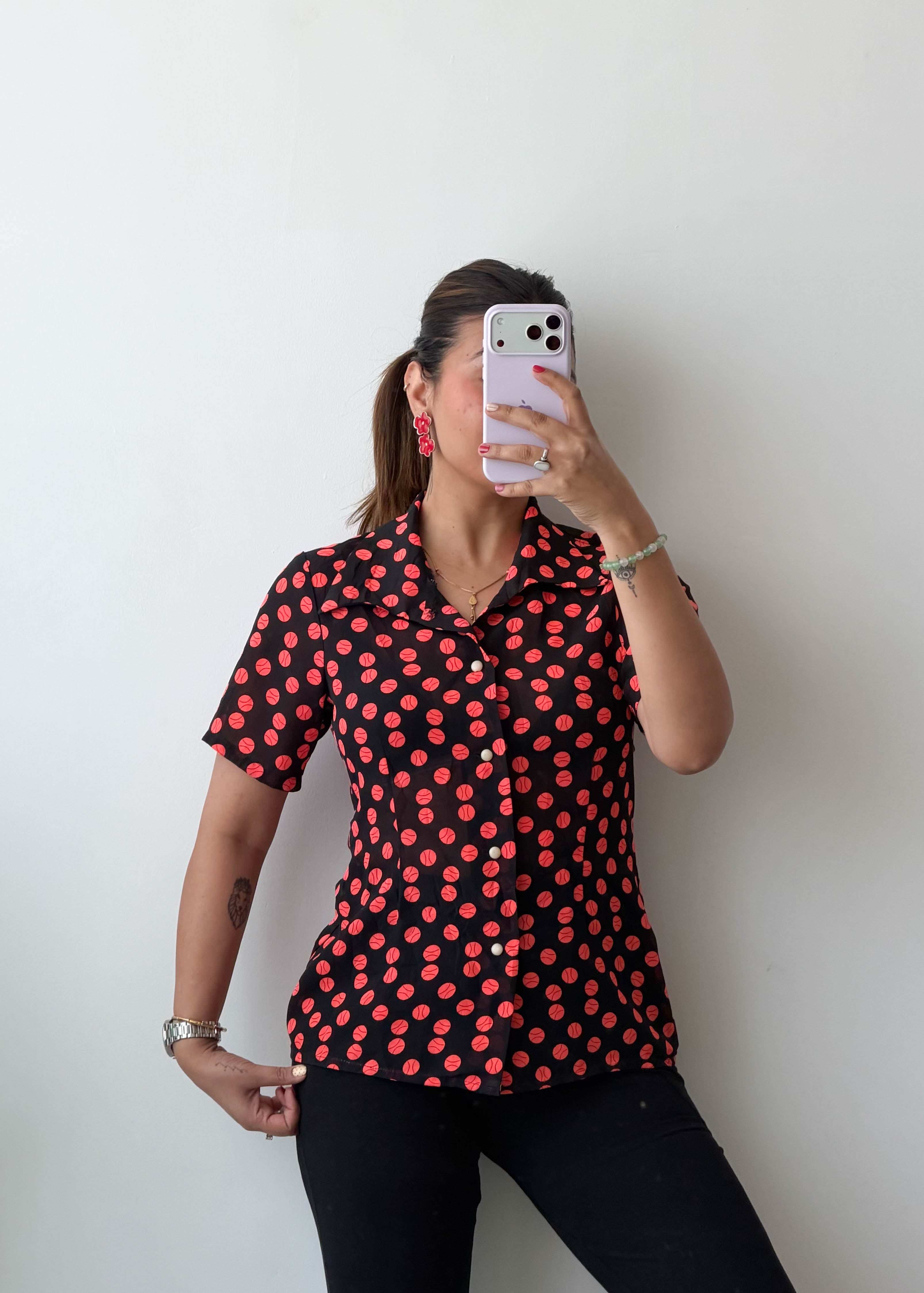 XS-S Black Red Polka Dot Viscose Crepe Shirt