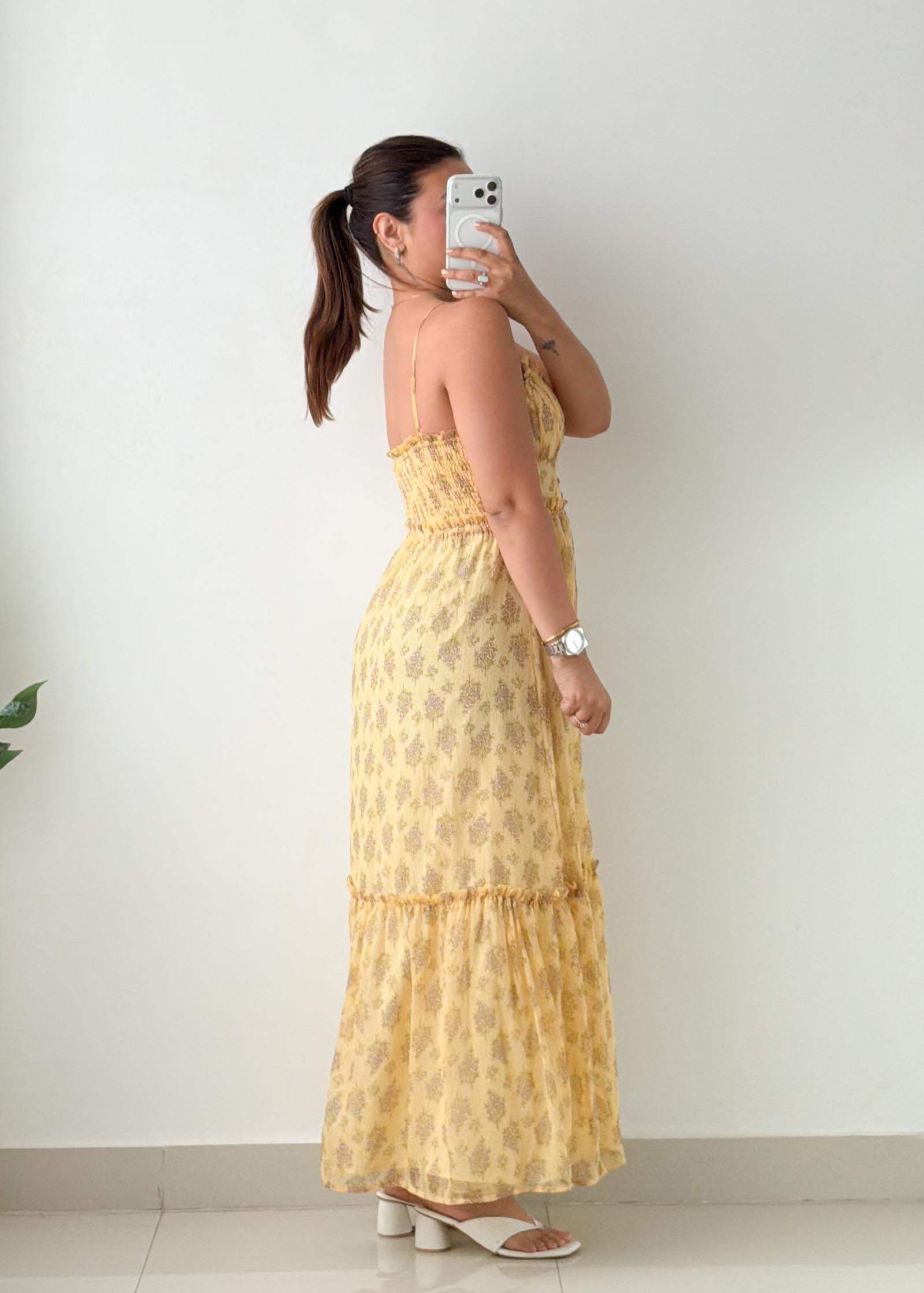 Size XS-M Mustard Floral Tiered Maxi Dress