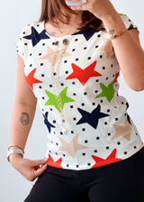 Size XS-S White Multicolor Star Print Top