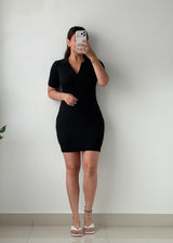 Size S-M Black Ribbed Polo Bodycon Mini Dress