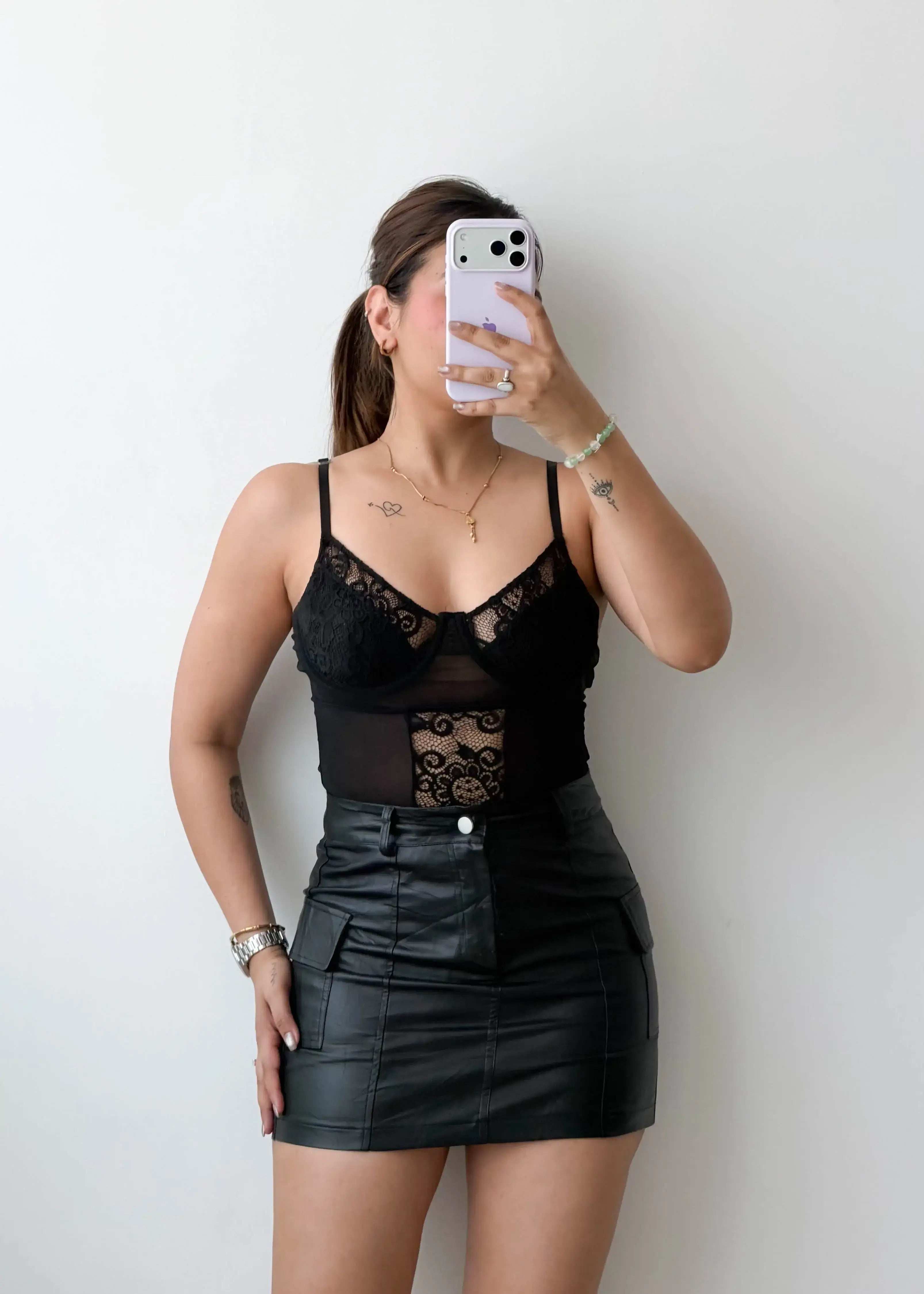 Size S-M Black Sheer Panel Bodysuit