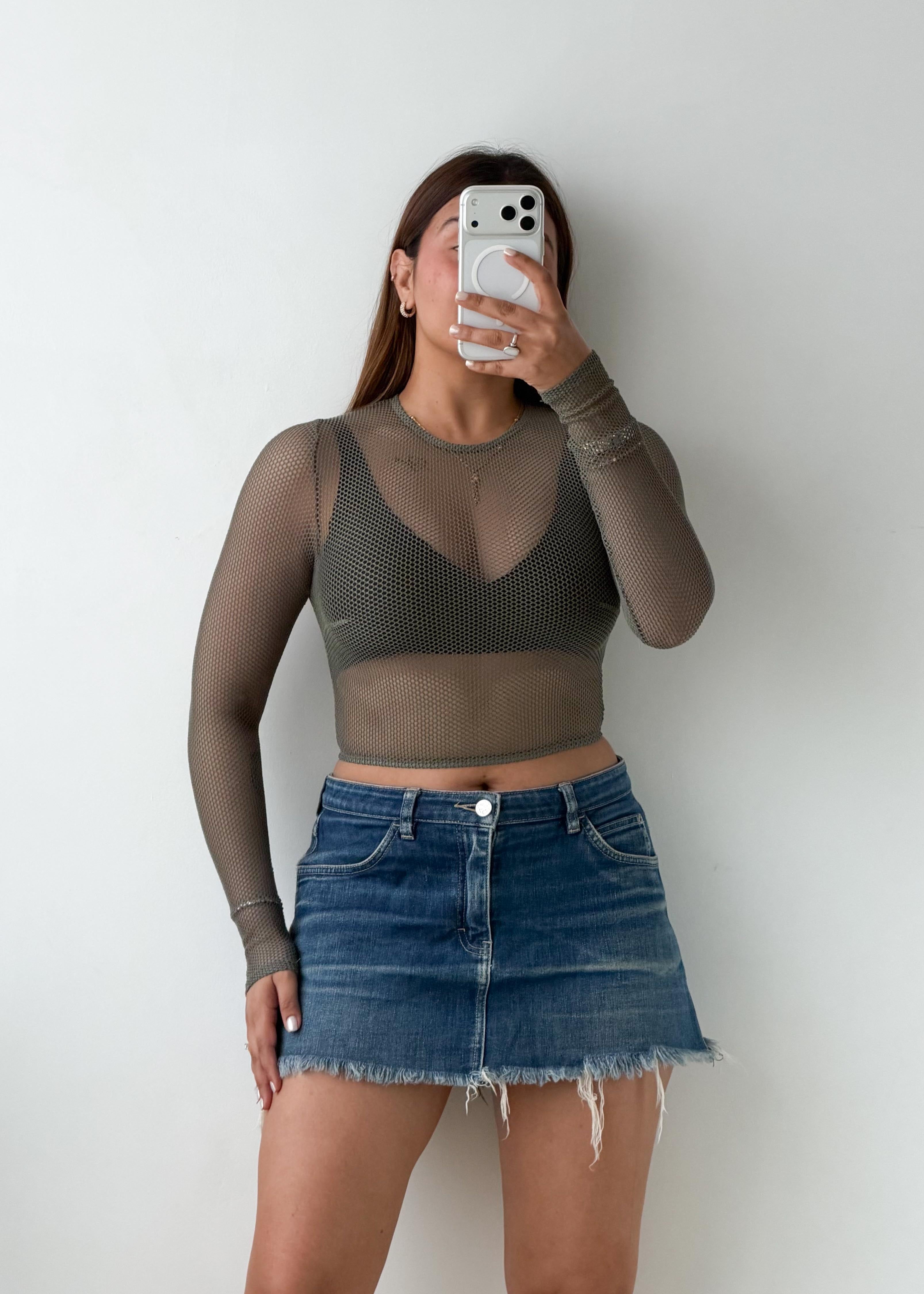 Size XS-S Olive Green Sheer Mesh Crop Top